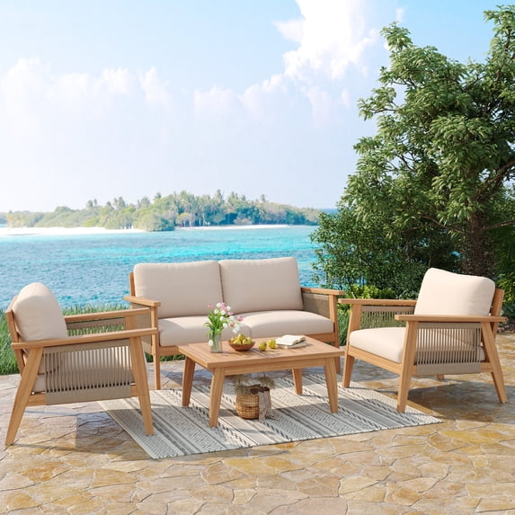 Christopher Knight Home Outdoor 4-Piece Conversation Set, Wood Frame, Rope Weave Design, Beige Cushions