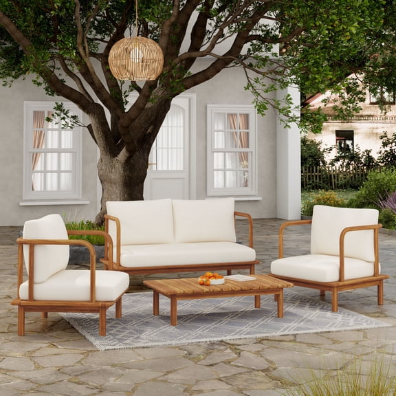 Christopher Knight Home Outdoor 4-Piece Wooden Chat Set with Coffee Table and Cream Cushions