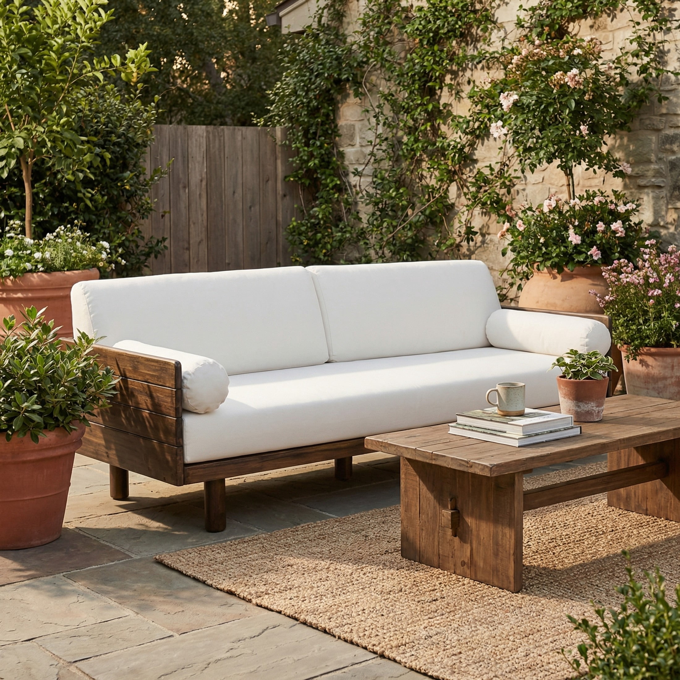 Christopher Knight Home Outdoor Acacia Wood 3-Seat Sofa with Cushions and Bolster Pillows, Dark Brown