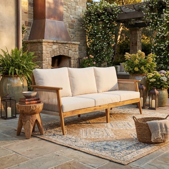 Christopher Knight Home Outdoor Acacia Wood 3-Seater Sofa, Rope Woven Frame with Cushions, Teak+Beige