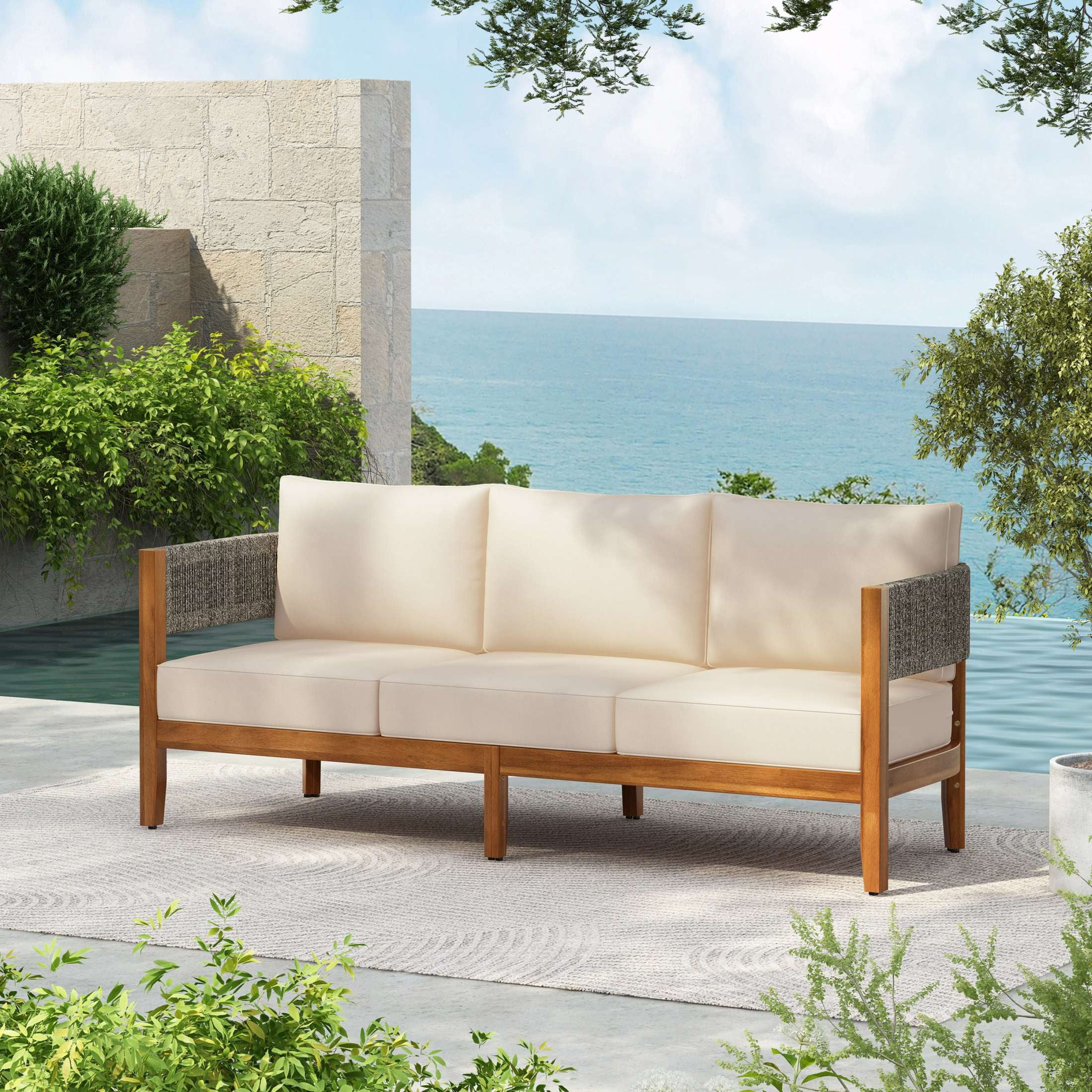 Christopher Knight Home Outdoor Acacia Wood 3-Seater Sofa with Woven Rope Accents and Beige Cushions, Teak
