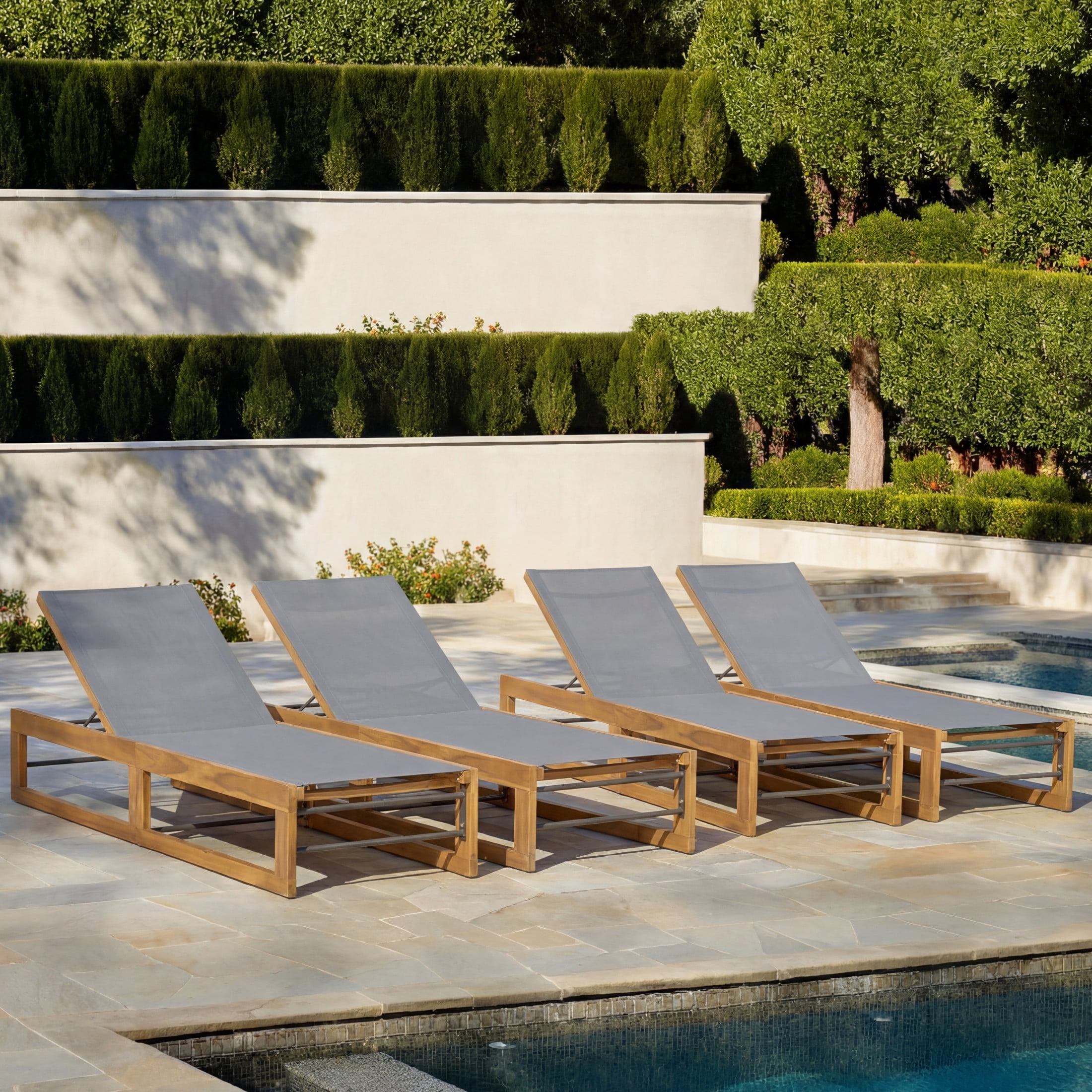 Christopher Knight Home Outdoor Acacia Wood Adjustable Chaise Lounge with Mesh Seat, Teak+Dark Gray, Set of 4