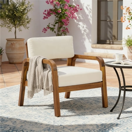 Christopher Knight Home Outdoor Acacia Wood Armchair with Weather Resistant Cushions, Teak+Cream