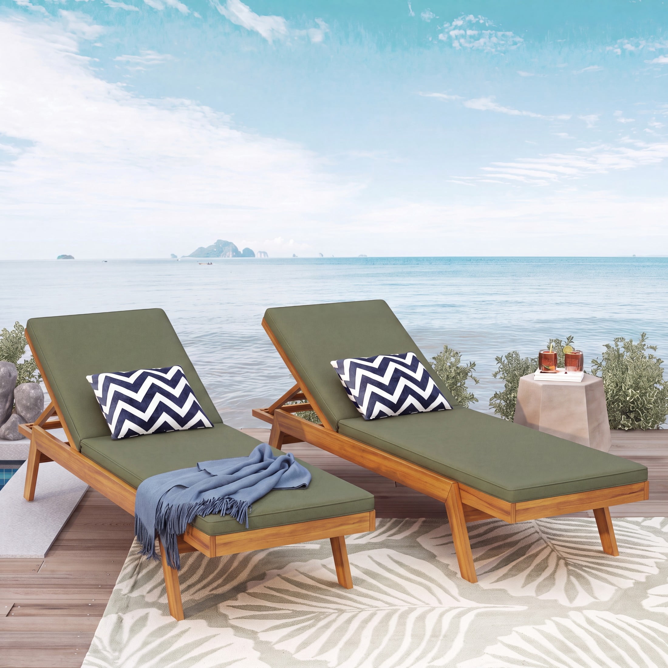 Christopher Knight Home Outdoor Acacia Wood Chaise Lounge with Adjustable Back, Teak+Green, Set of 2