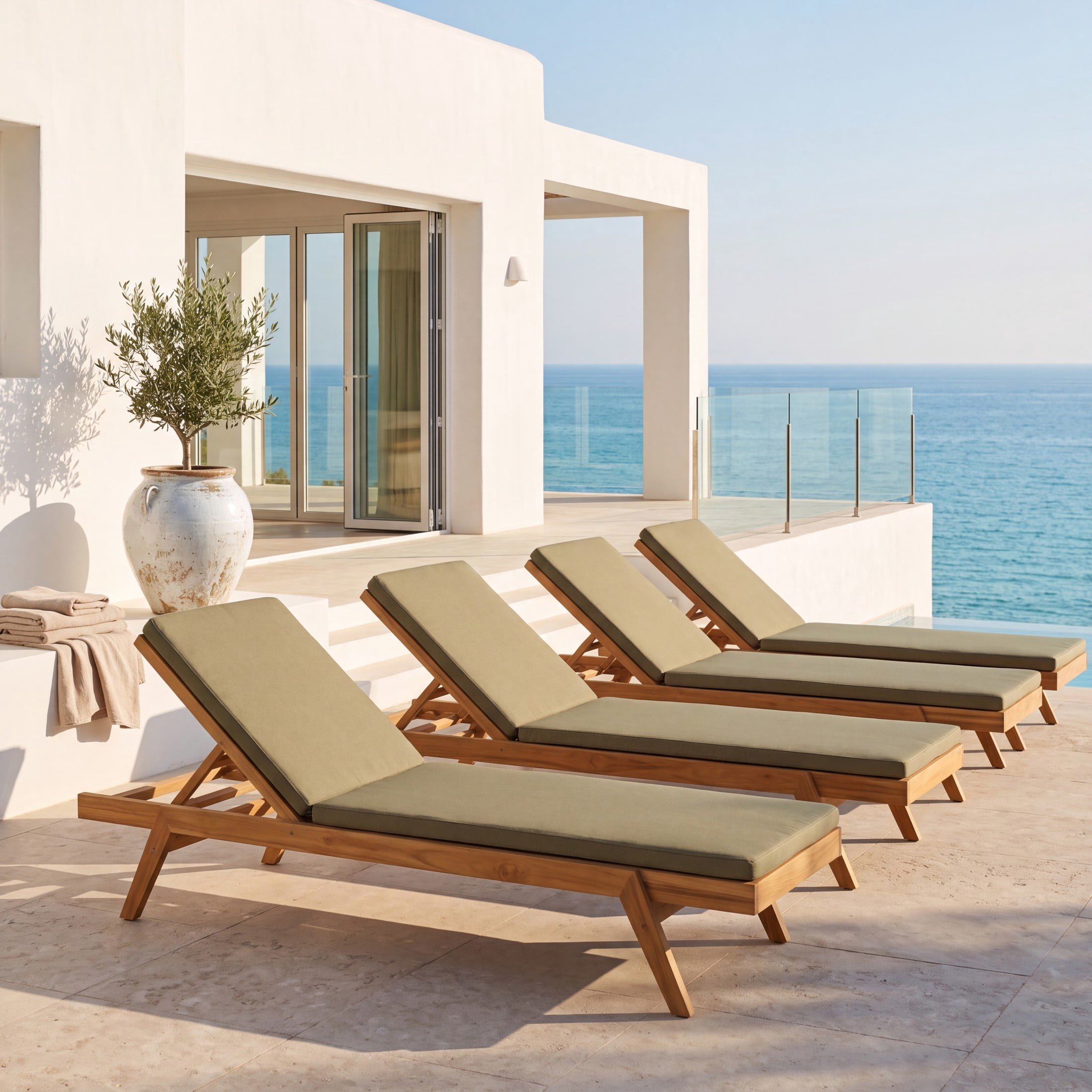 Christopher Knight Home Outdoor Acacia Wood Chaise Lounge with Adjustable Back, Teak+Green, Set of 4