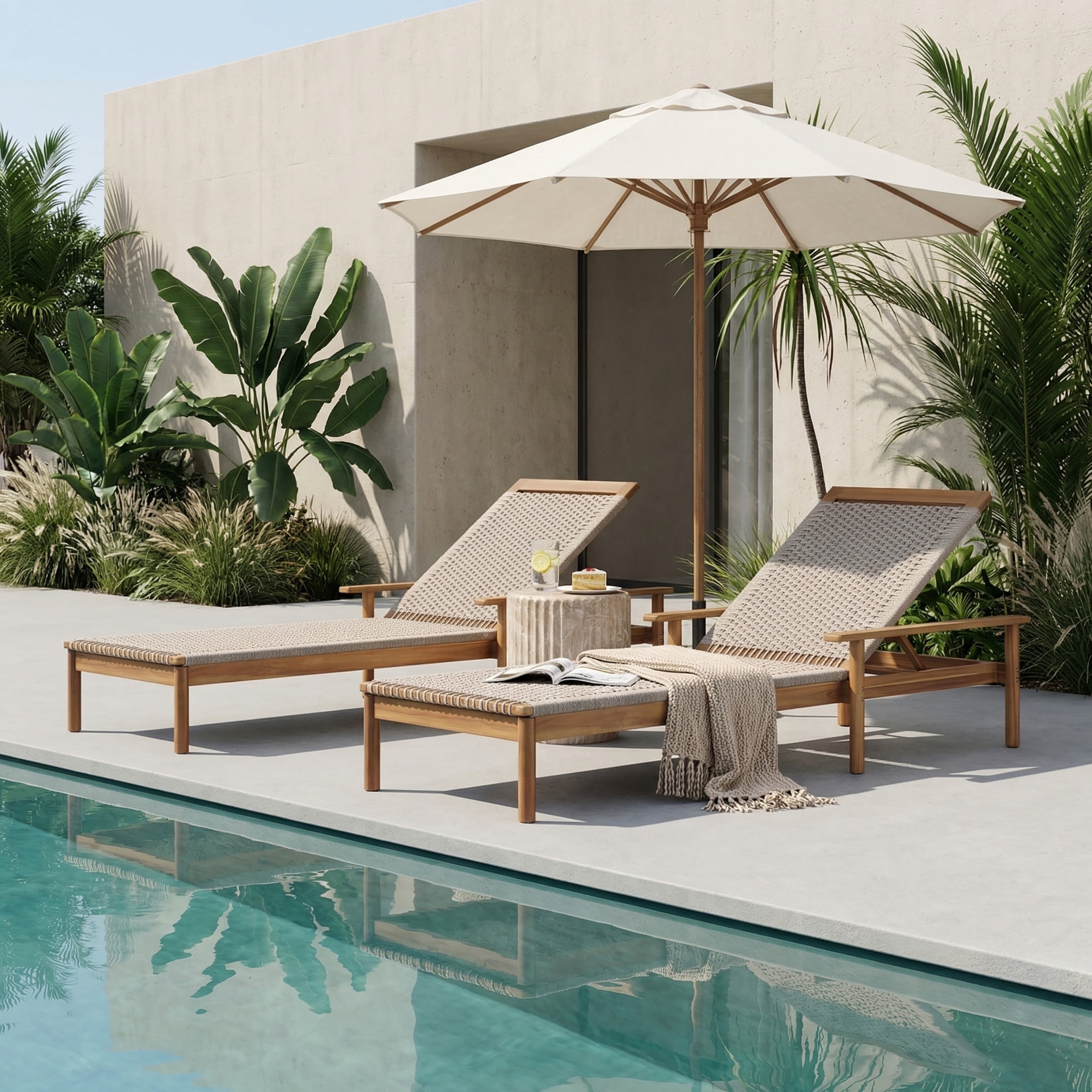 Christopher Knight Home Outdoor Acacia Wood Chaise Lounge with Beige Mix Rope, Adjustable Backrest, Teak, Set of 2