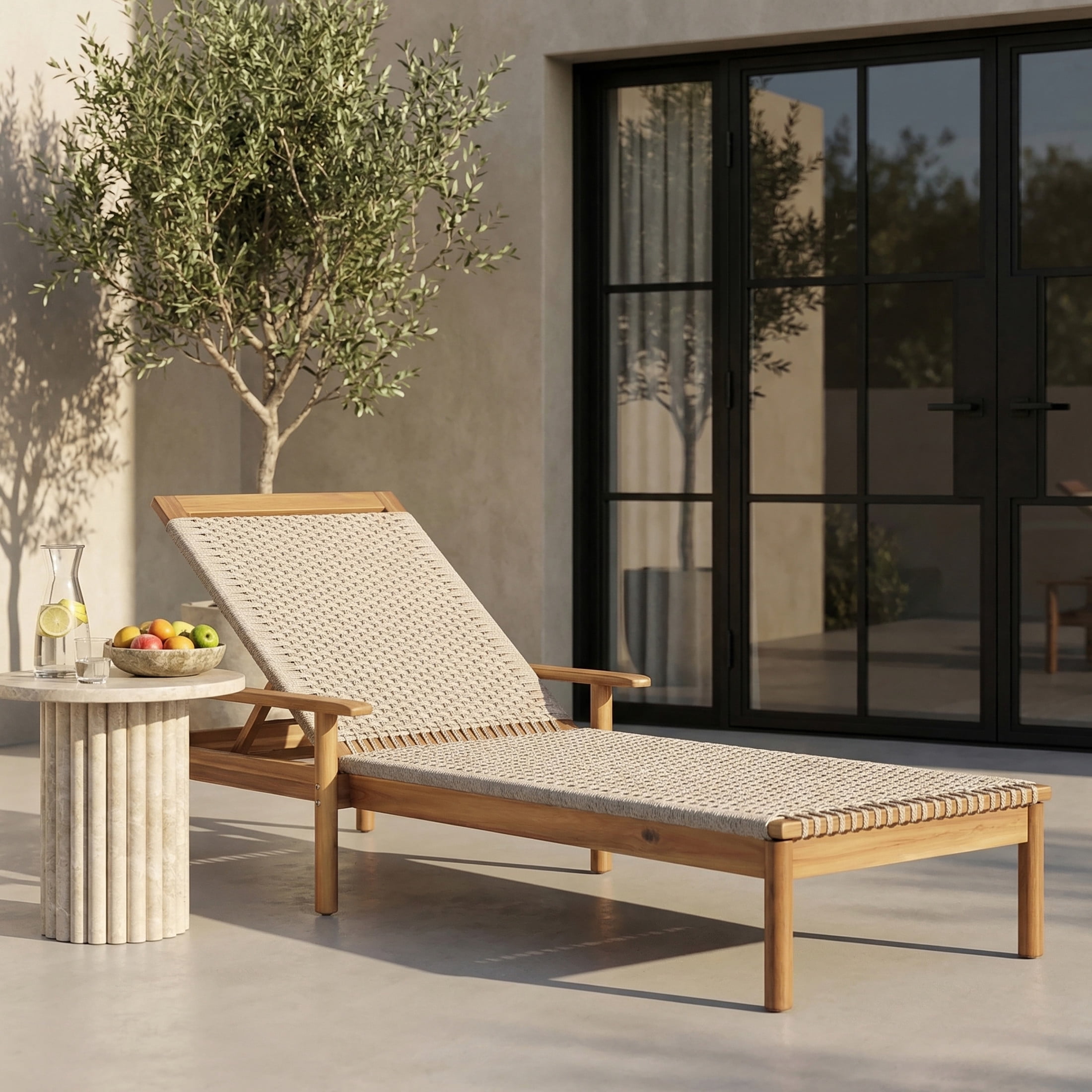 Christopher Knight Home Outdoor Acacia Wood Chaise Lounge with Beige Mix Rope, Adjustable Backrest, Teak