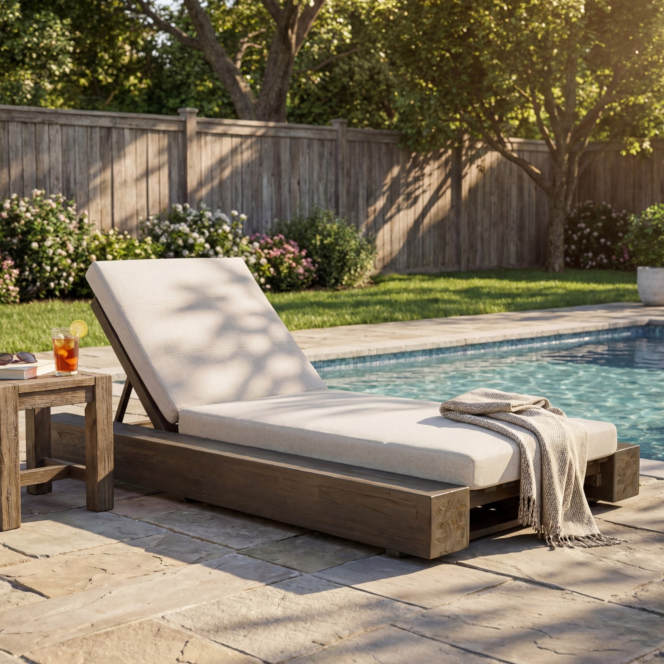 Christopher Knight Home Outdoor Acacia Wood Chaise Lounge with Cushion, Adjustable Backrest, Gray + Beige