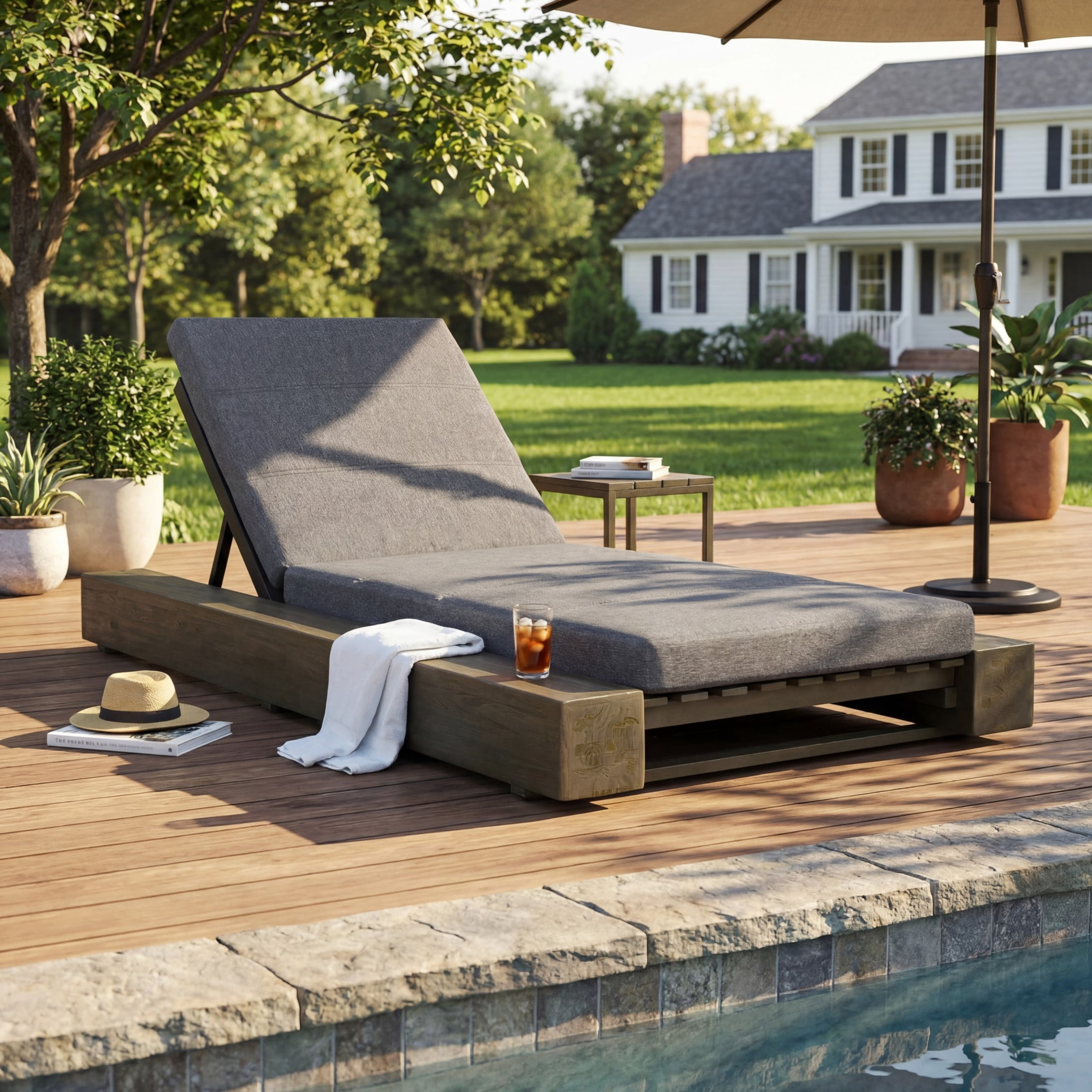 Christopher Knight Home Outdoor Acacia Wood Chaise Lounge with Cushion, Adjustable Backrest, Gray