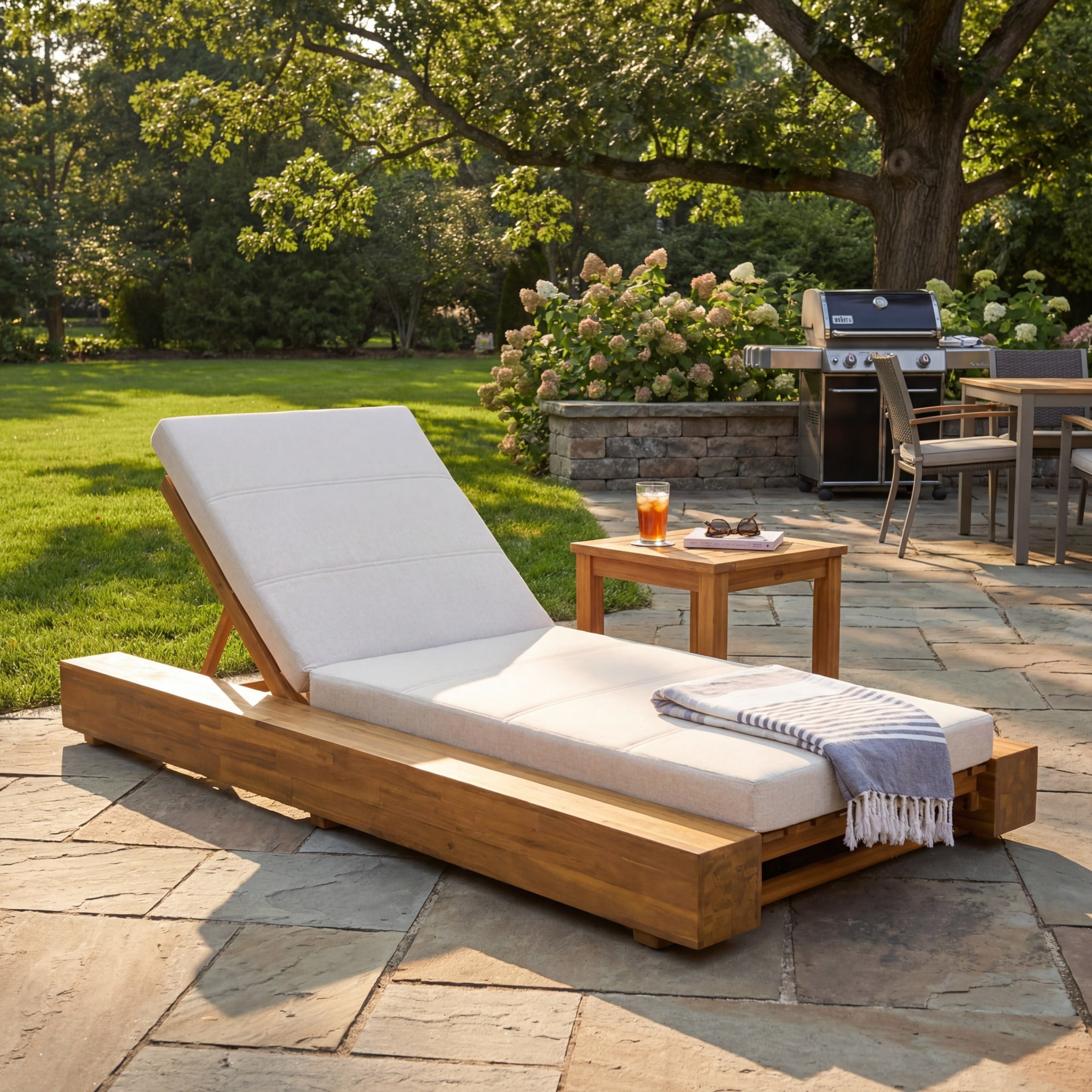 Christopher Knight Home Outdoor Acacia Wood Chaise Lounge with Cushion, Adjustable Backrest, Teak + Beige