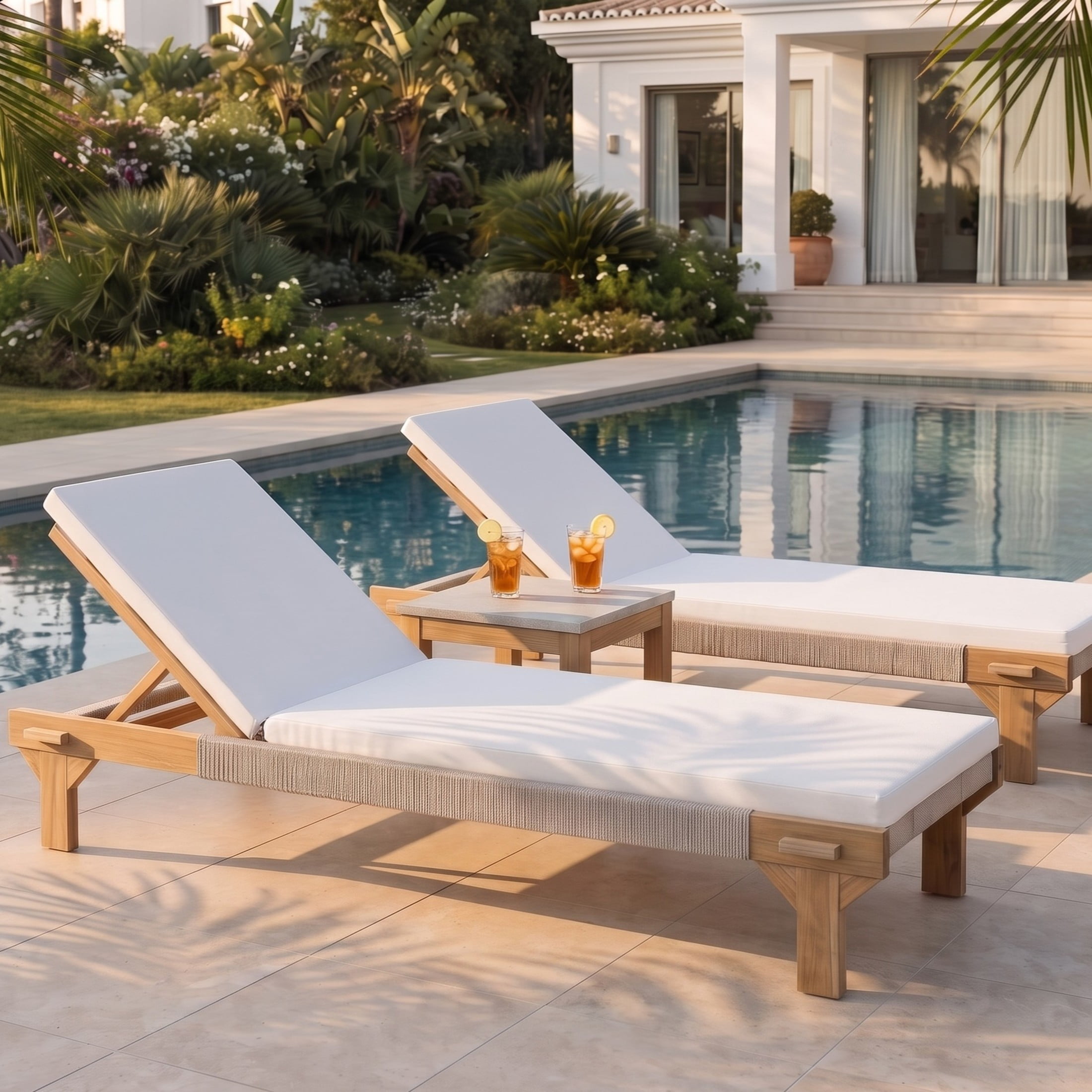 Christopher Knight Home Outdoor Acacia Wood Chaise Lounge with Rope Accents and Cushion, Light Teak+Cream, Set of 2
