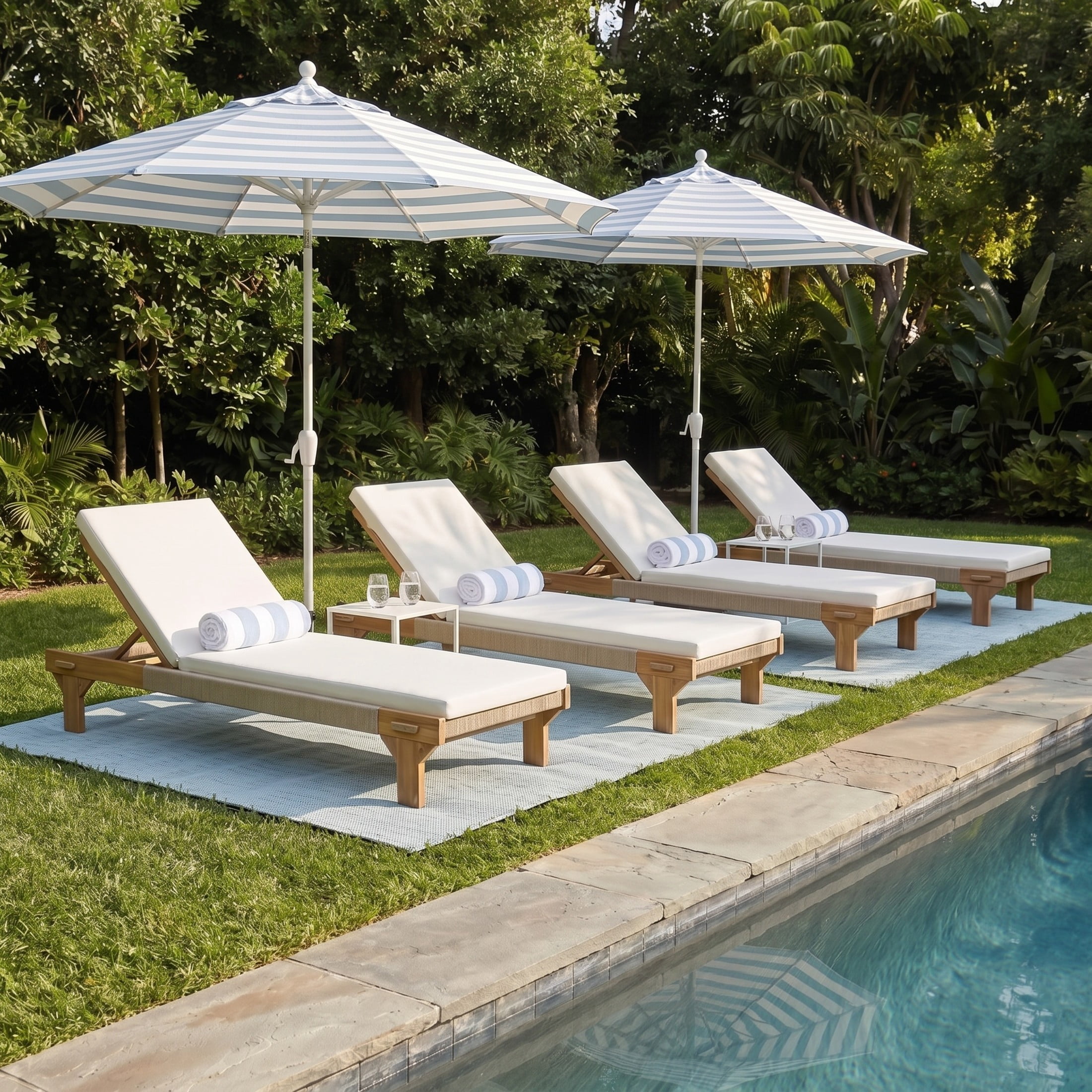 Christopher Knight Home Outdoor Acacia Wood Chaise Lounge with Rope Accents and Cushion, Light Teak+Cream, Set of 4