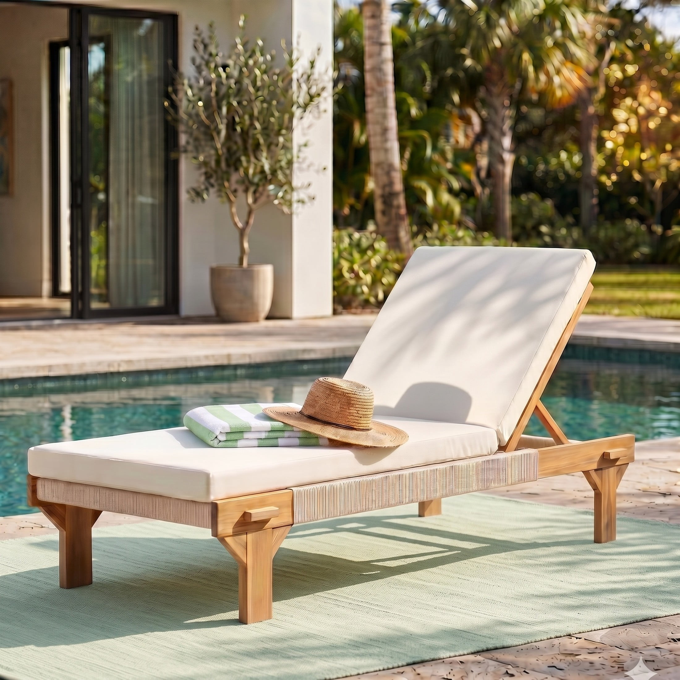 Christopher Knight Home Outdoor Acacia Wood Chaise Lounge with Rope Accents and Cushion, Light Teak+Cream