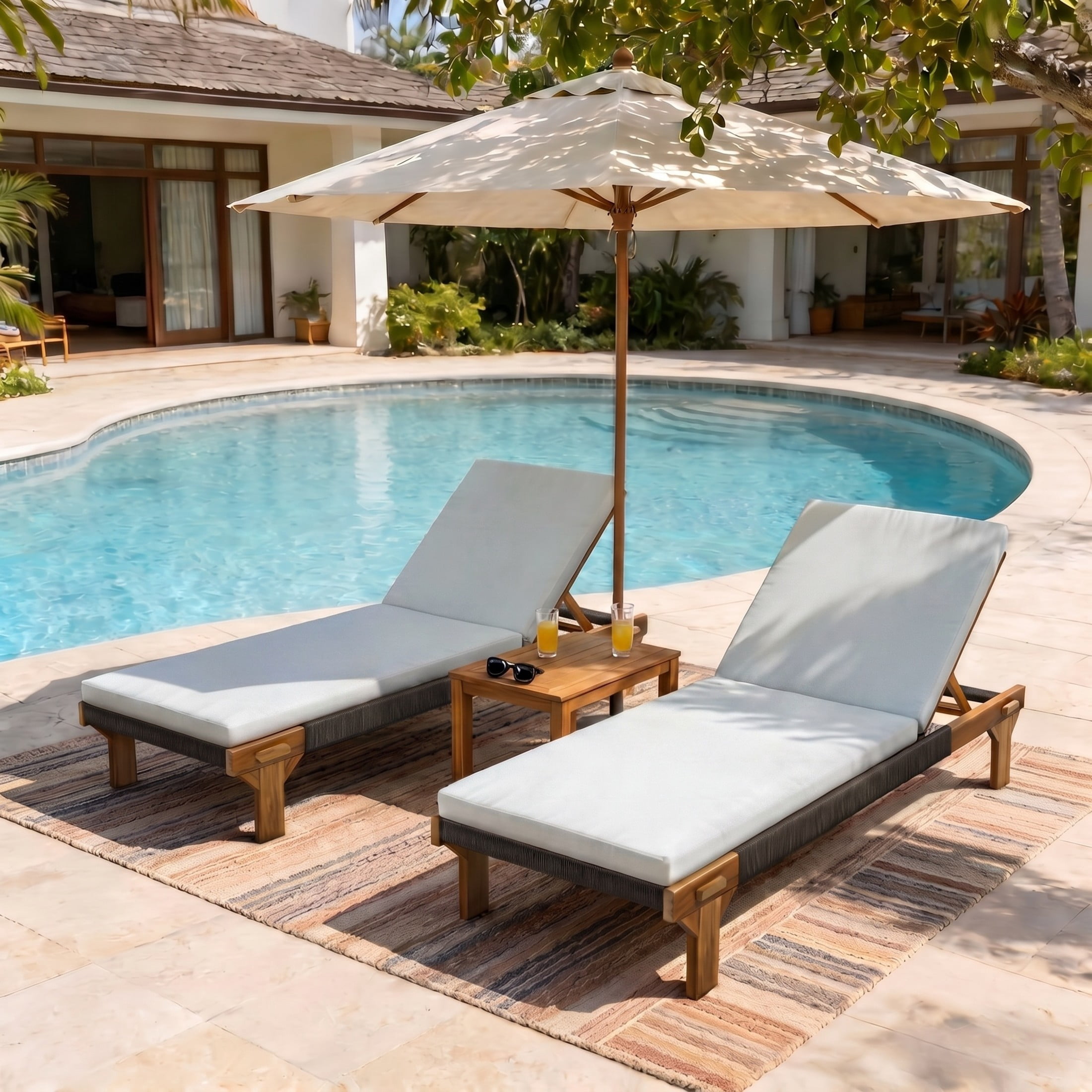Christopher Knight Home Outdoor Acacia Wood Chaise Lounge with Rope Accents and Cushion, Teak+Cream, Set of 2