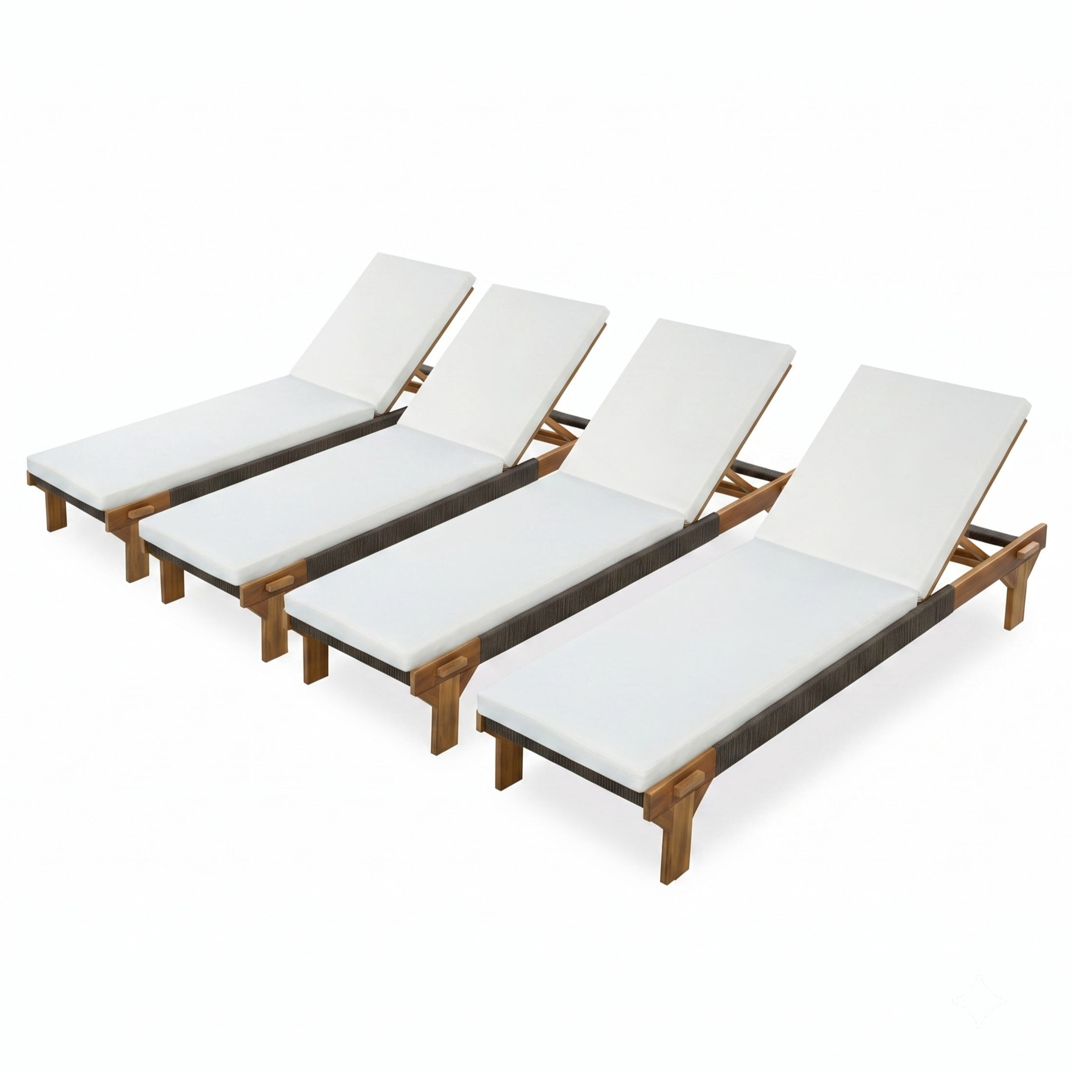 Christopher Knight Home Outdoor Acacia Wood Chaise Lounge with Rope Accents and Cushion, Teak+Cream, Set of 4