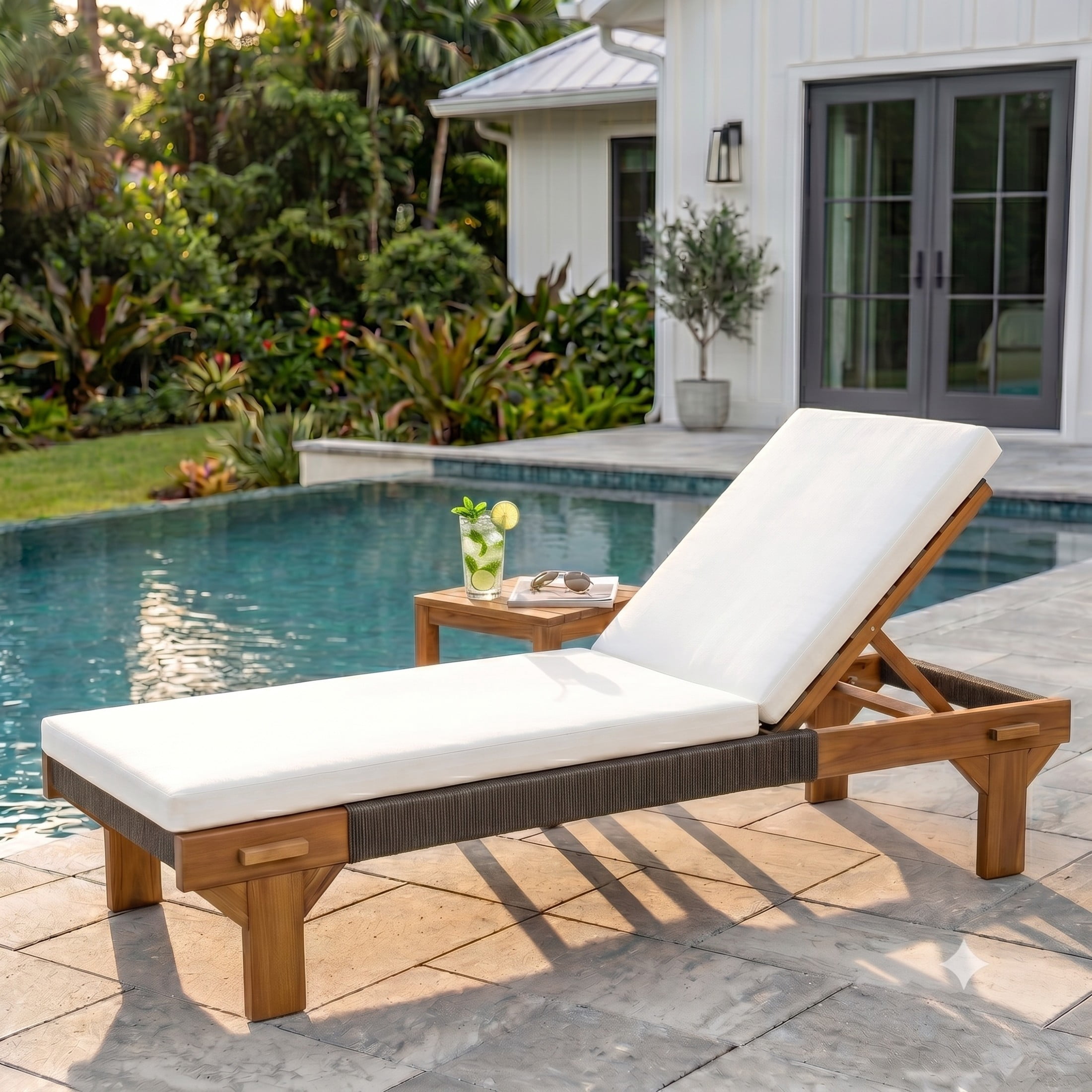 Christopher Knight Home Outdoor Acacia Wood Chaise Lounge with Rope Accents and Cushion, Teak+Cream
