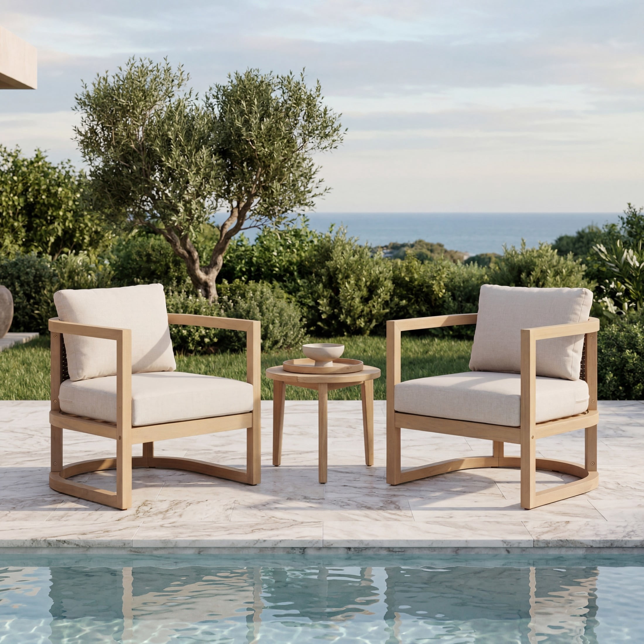 Christopher Knight Home Outdoor Acacia Wood Club Chair, Rattan Back and Beige Cushion, Light Teak, Set of 2