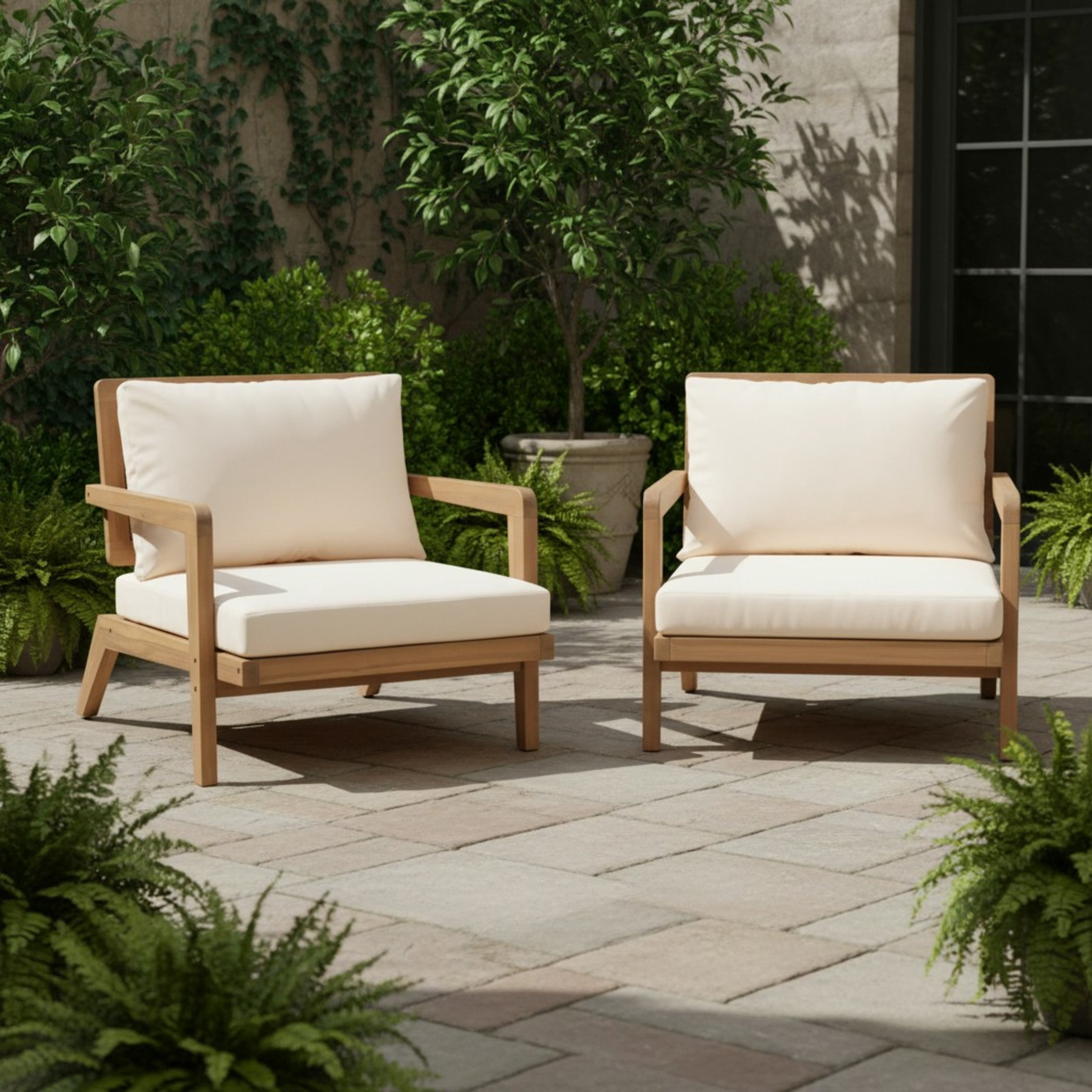Christopher Knight Home Outdoor Acacia Wood Club Chair Set of 2 with Cushions, Light Teak + Beige