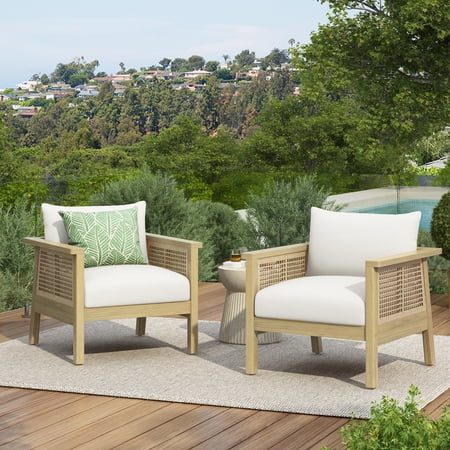 Christopher Knight Home Outdoor Acacia Wood Club Chair with Cushion and Wicker Accents Set of 2, Light Teak