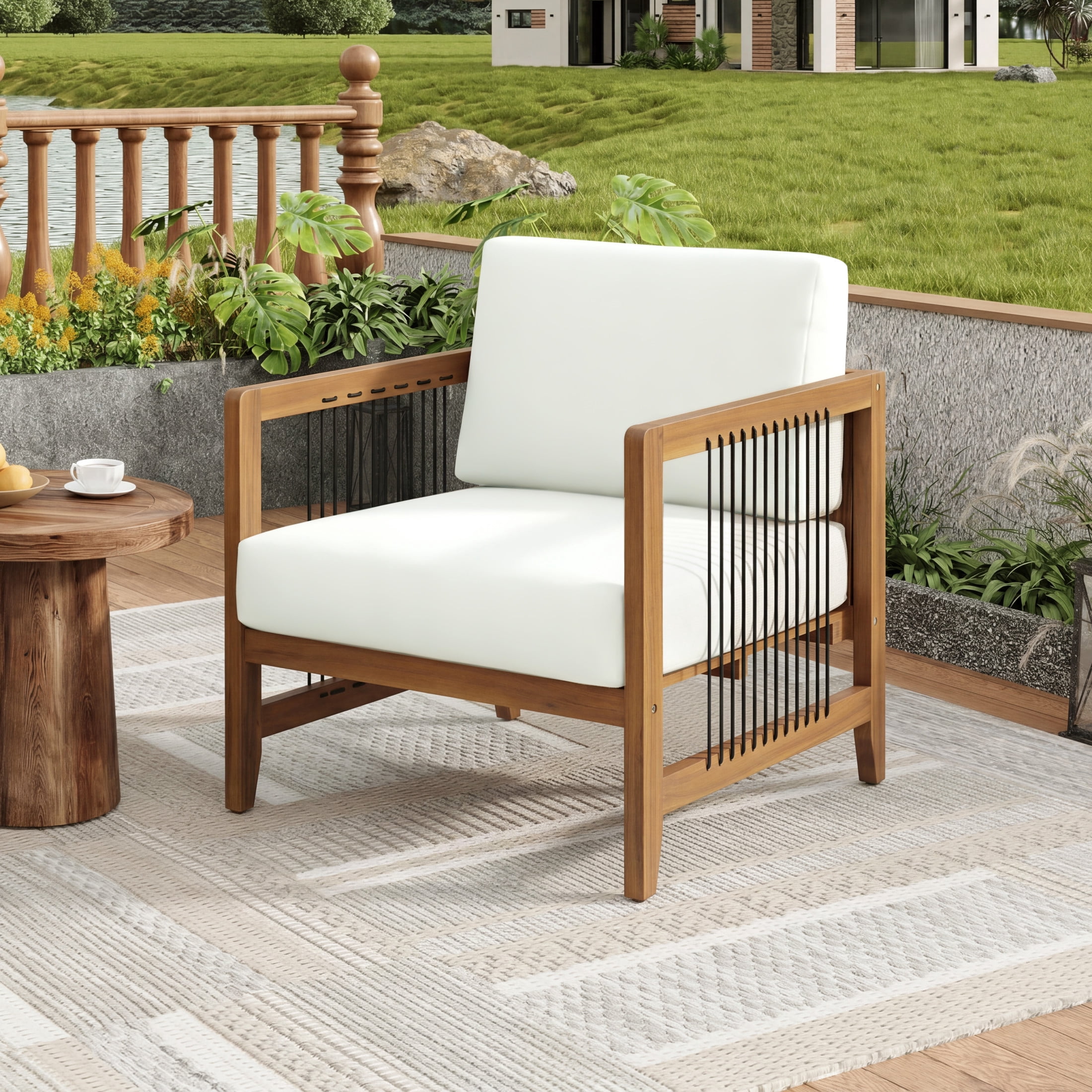 Christopher Knight Home Outdoor Acacia Wood Club Chair with Handwoven Rope and Cushions, Teak+Beige