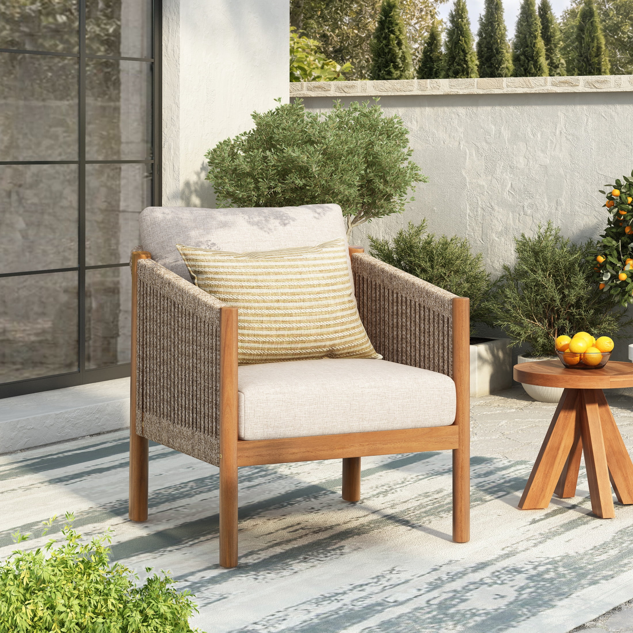 Christopher Knight Home Outdoor Acacia Wood Club Chair with Rope Back, Thick Beige Cushion, Light Teak