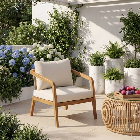 Christopher Knight Home Outdoor Acacia Wood Club Chair with Wicker Back and Cushion, Teak+Cream