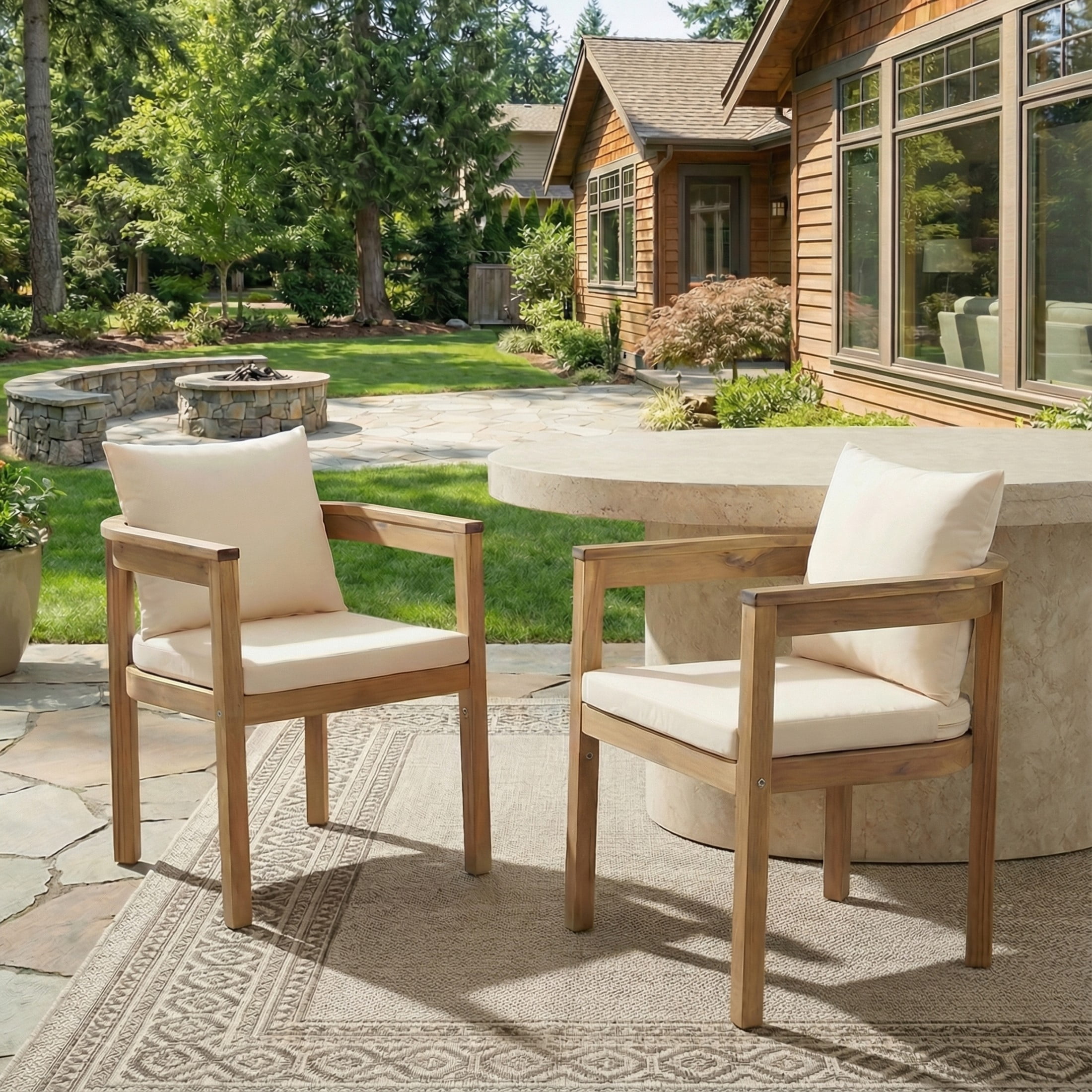 Christopher Knight Home Outdoor Acacia Wood Dining Chairs Set of 2, Oiled Teak Finish with Beige Cushion