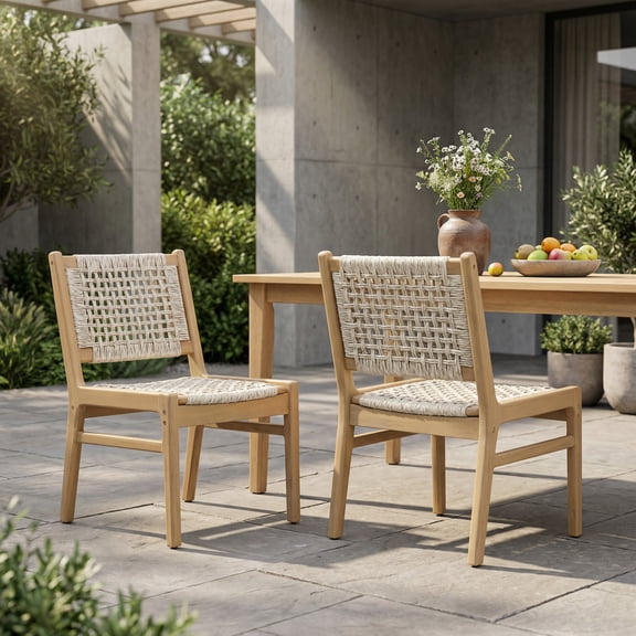 Christopher Knight Home Outdoor Acacia Wood Dining Chairs, Wicker Seat & Back, Light Gray, Set of 2
