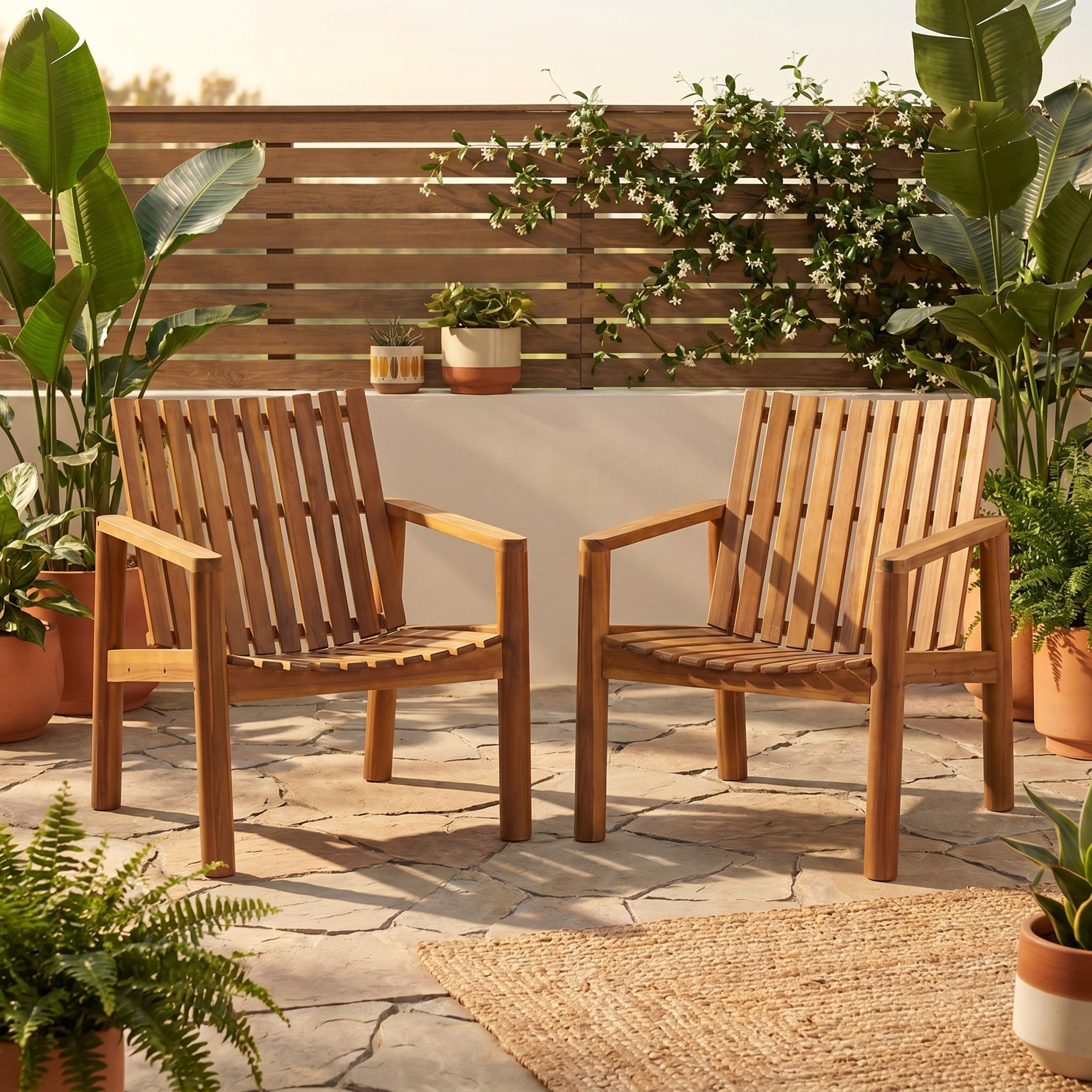 Christopher Knight Home Outdoor Acacia Wood Lounge Armchair with Slatted Back Curved Seat, Teak, Set of 2