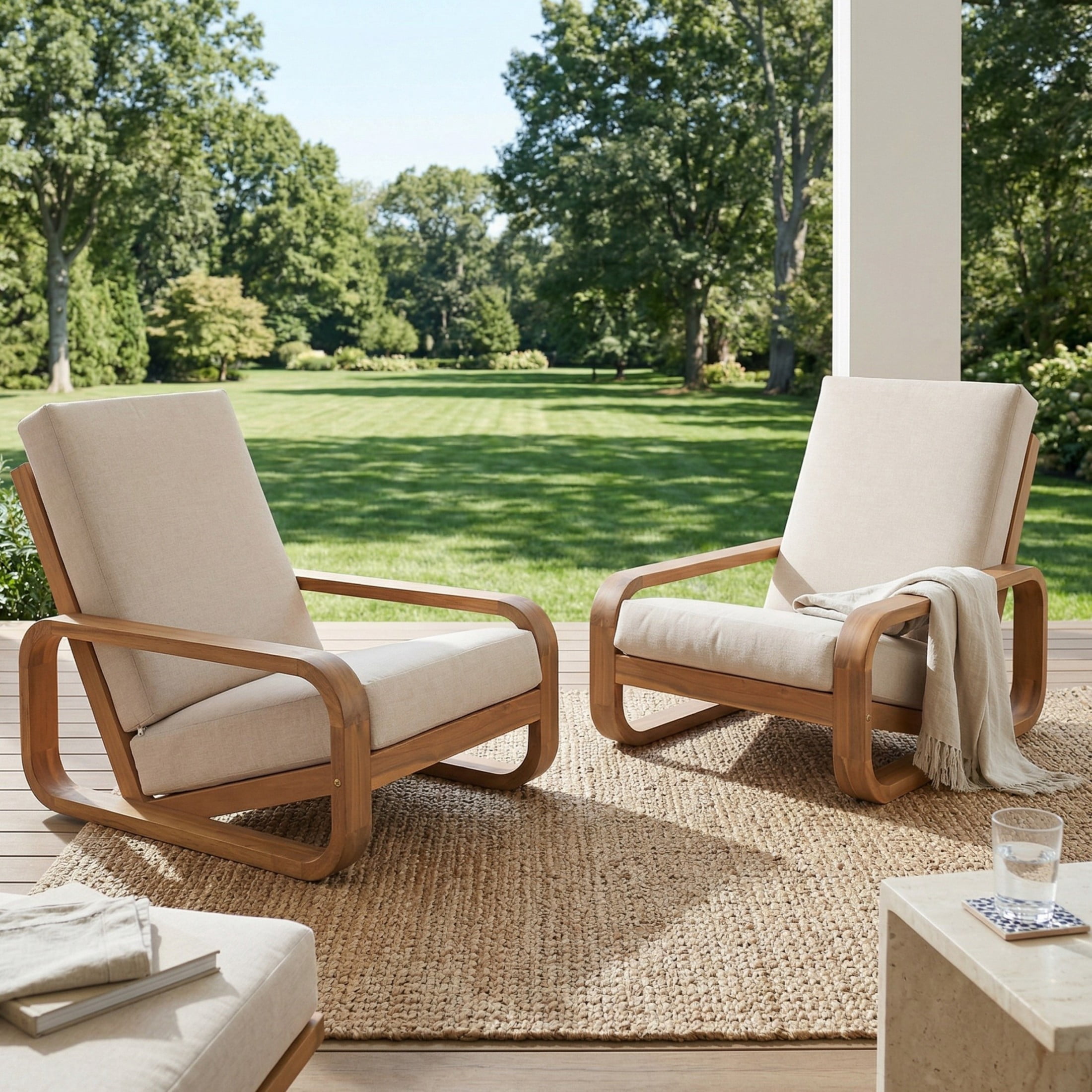 Christopher Knight Home Outdoor Acacia Wood Lounge Chair with Beige Cushion, Curved Frame, Light Teak, Set of 2