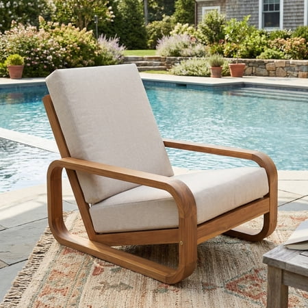 Christopher Knight Home Outdoor Acacia Wood Lounge Chair with Beige Cushion, Curved Frame, Light Teak