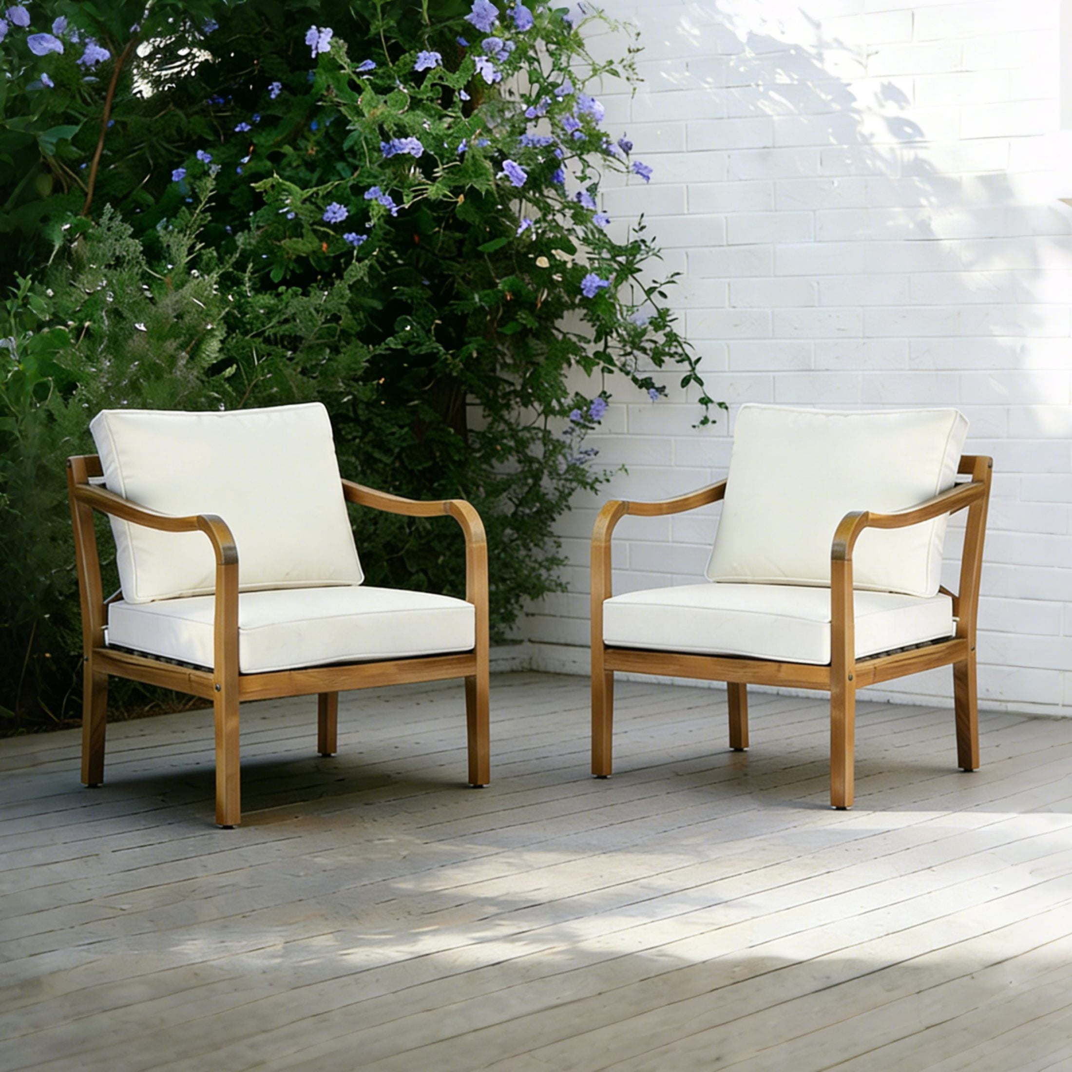 Christopher Knight Home Outdoor Acacia Wood Lounge Chair with Cross Back, Teak Finish+Beige Cushion, Set of 2