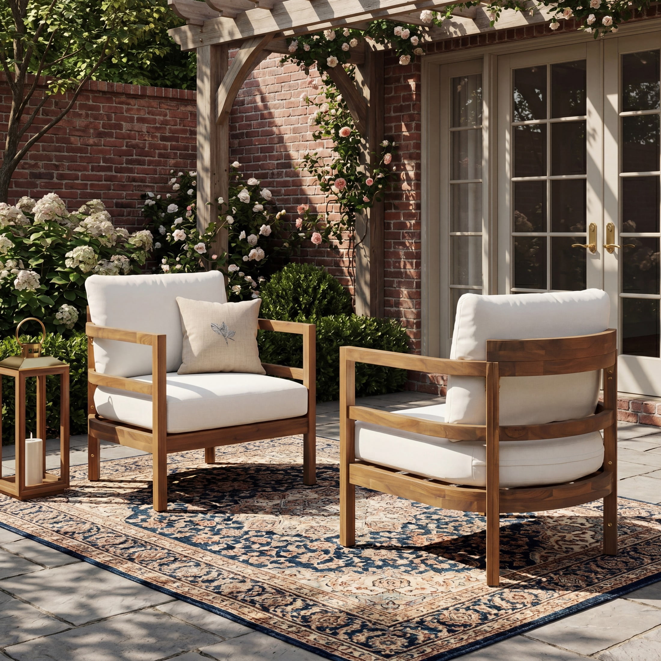 Christopher Knight Home Outdoor Acacia Wood Lounge Chair with Cushions, High Back, Light Brown+Beige, Set of 2