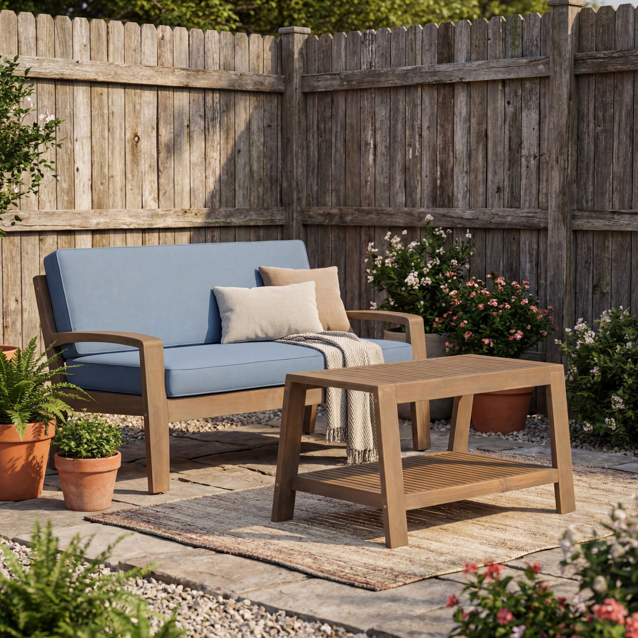 Christopher Knight Home Outdoor Acacia Wood Loveseat and Coffee Table Set with Cushions, Gray+Blue