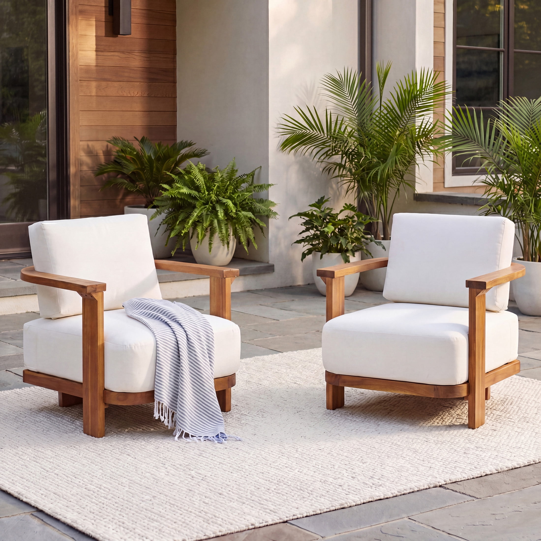 Christopher Knight Home Outdoor Acacia Wood Patio Armchairs with Cushions, Teak+Beige, Set of 2