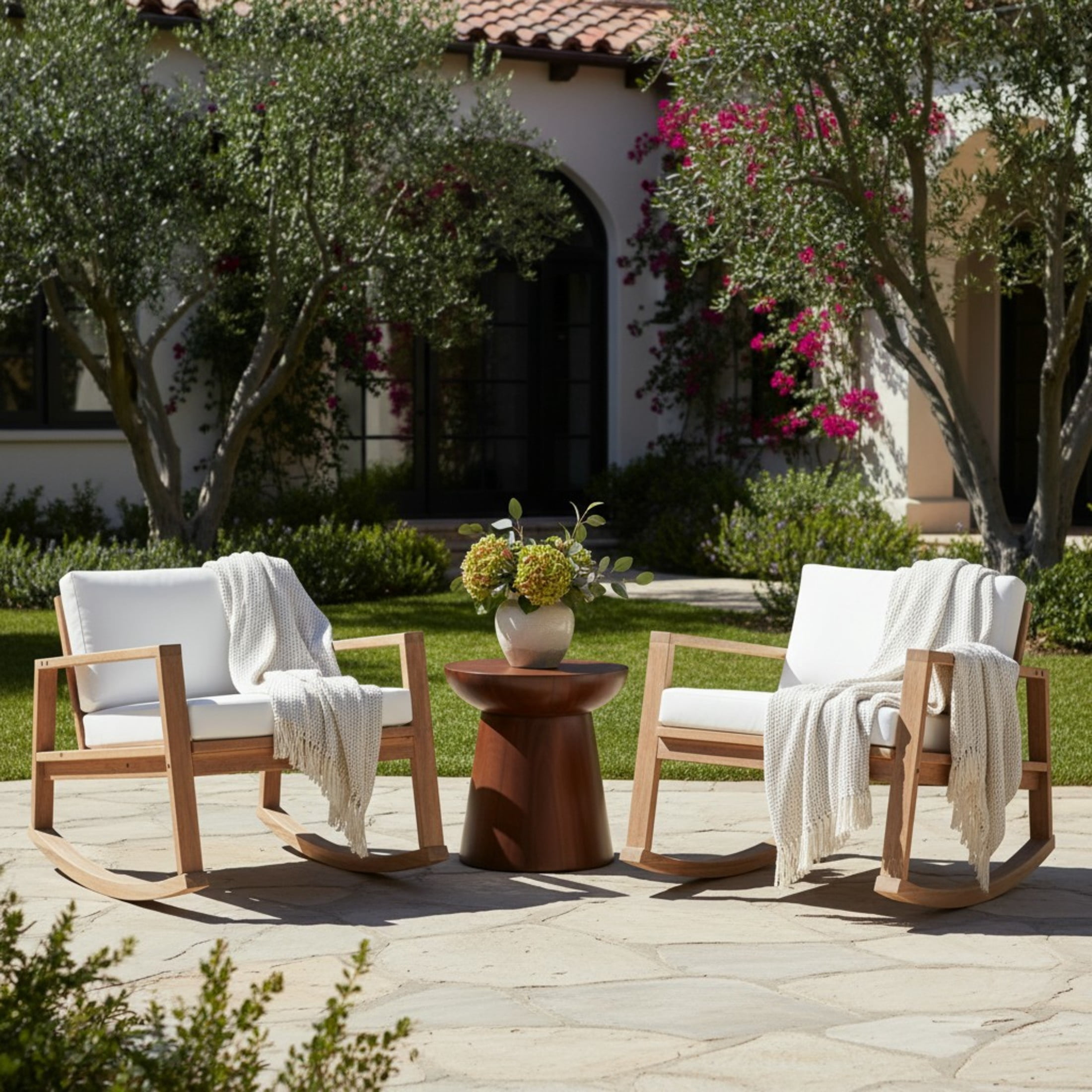 Christopher Knight Home Outdoor Acacia Wood Rocking Chair with Cushion, Set of 2, Light Teak + White