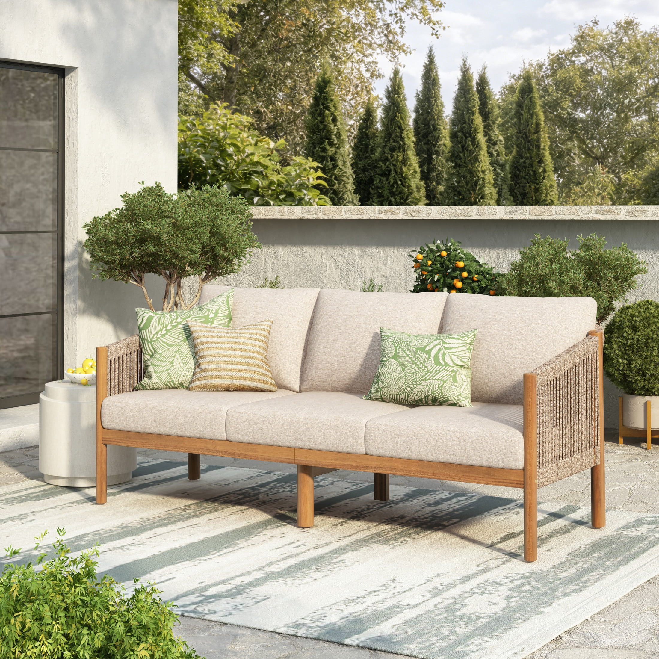 Christopher Knight Home Outdoor Acacia Wood Sofa with Rope Back, 3 Seats, Thick Beige Cushion, Light Teak