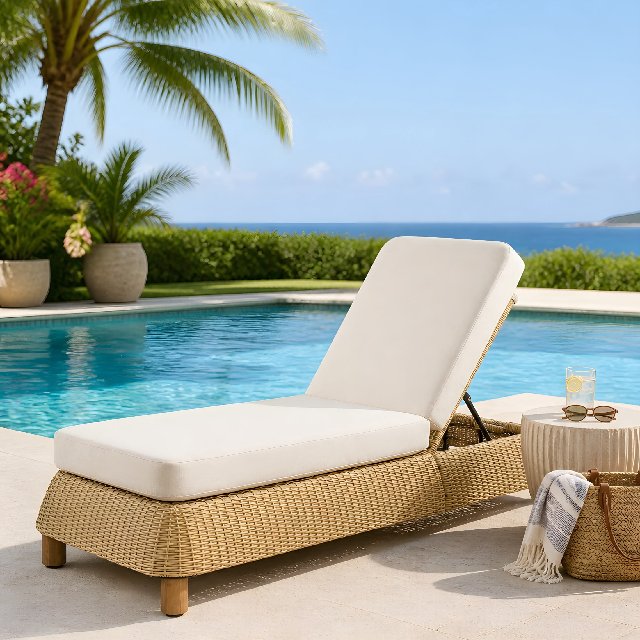 Christopher Knight Home Outdoor Adjustable Chaise Lounge Chair, Wicker Recliner with Cushion, Natural + Beige