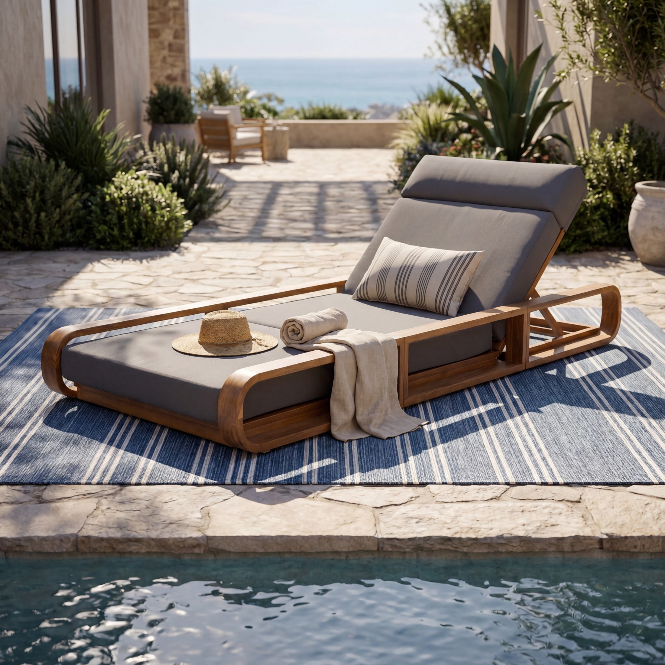 Christopher Knight Home Outdoor Adjustable Chaise Lounge Set with 4-Fold Dark Gray Cushion, Teak