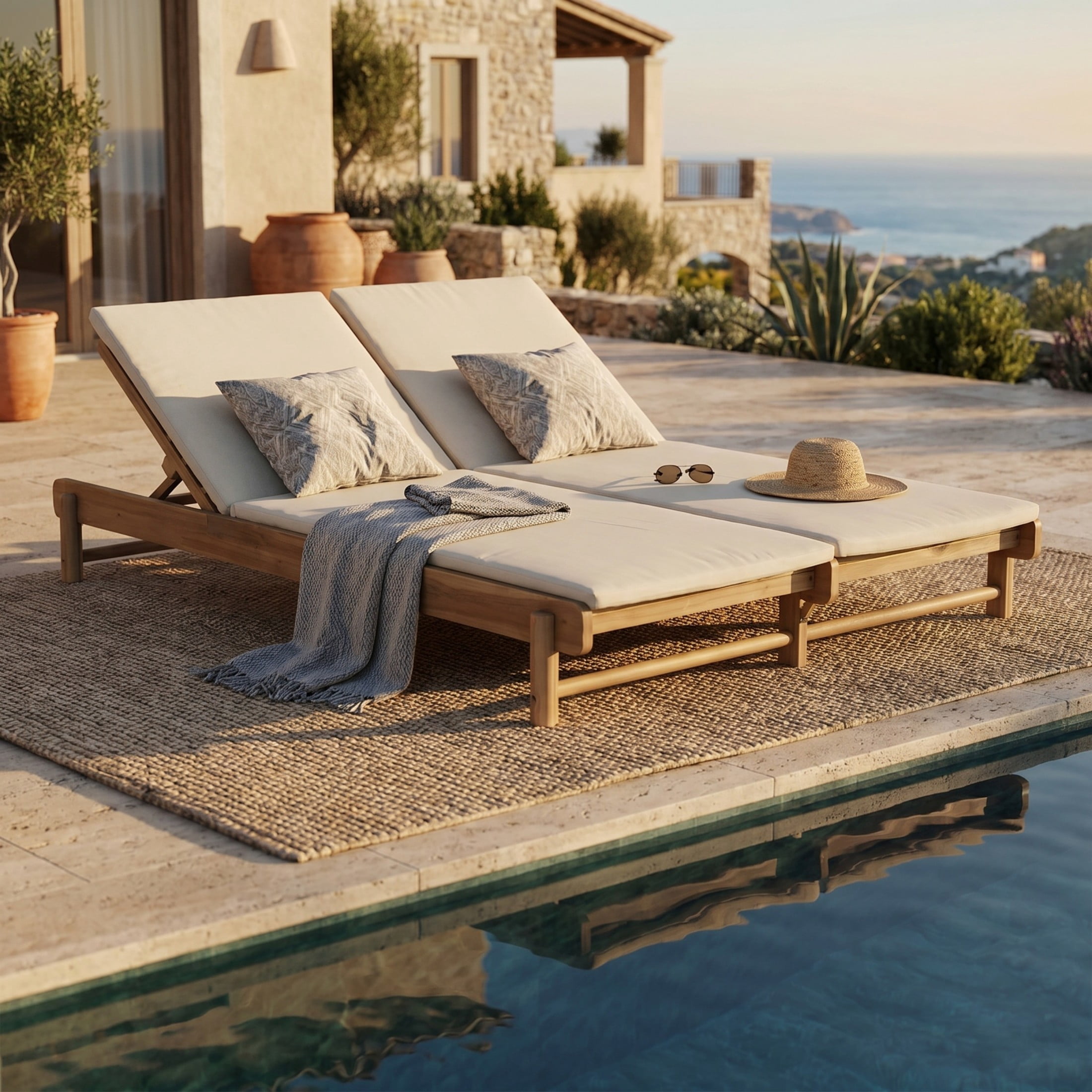 Christopher Knight Home Outdoor Adjustable Double Chaise Lounge with 2-Fold Cushions, Light Teak + Cream