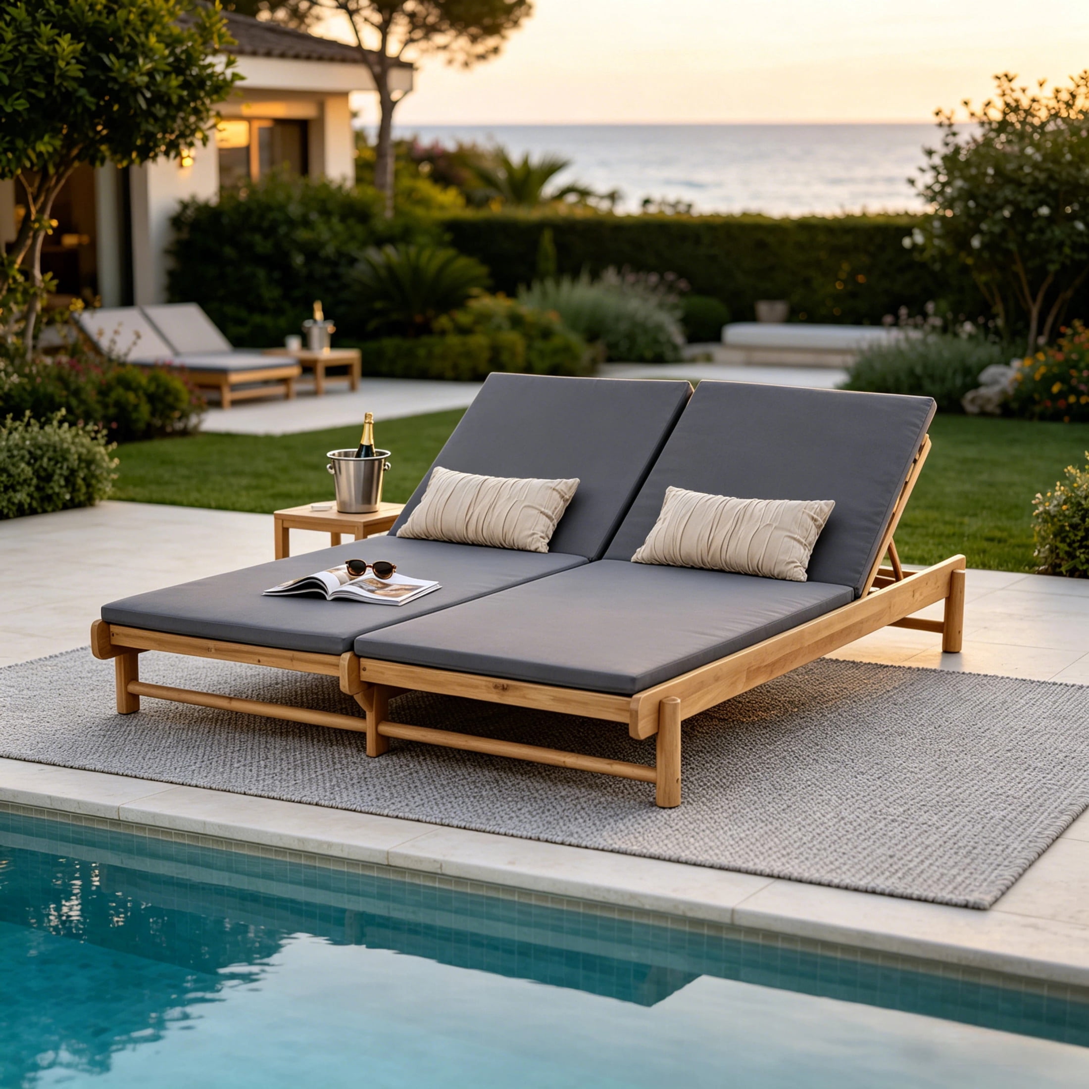 Christopher Knight Home Outdoor Adjustable Double Chaise Lounge with 2-Fold Cushions, Light Teak + Dark Gray