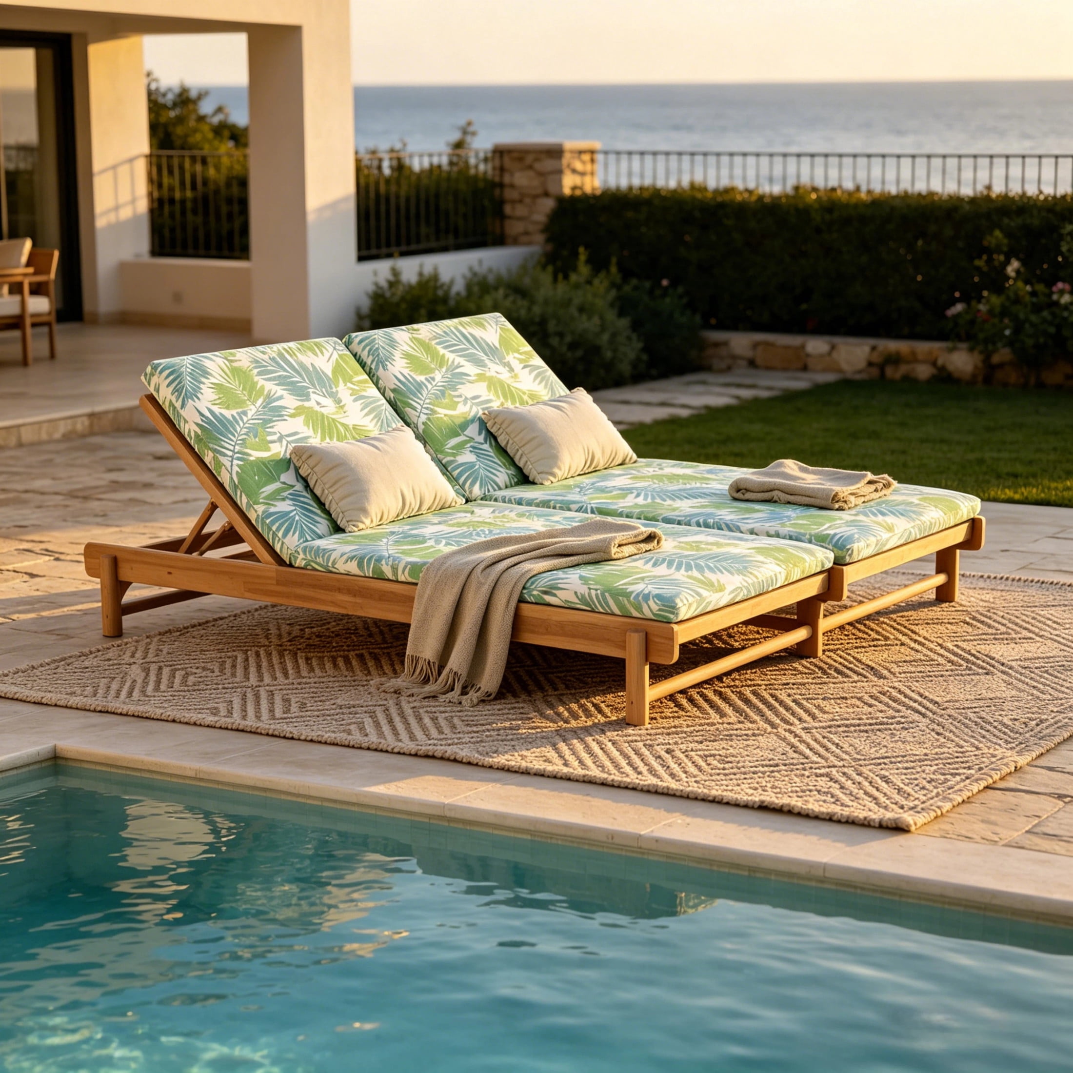 Christopher Knight Home Outdoor Adjustable Double Chaise Lounge with 2-Fold Cushions, Light Teak + Green Leaf