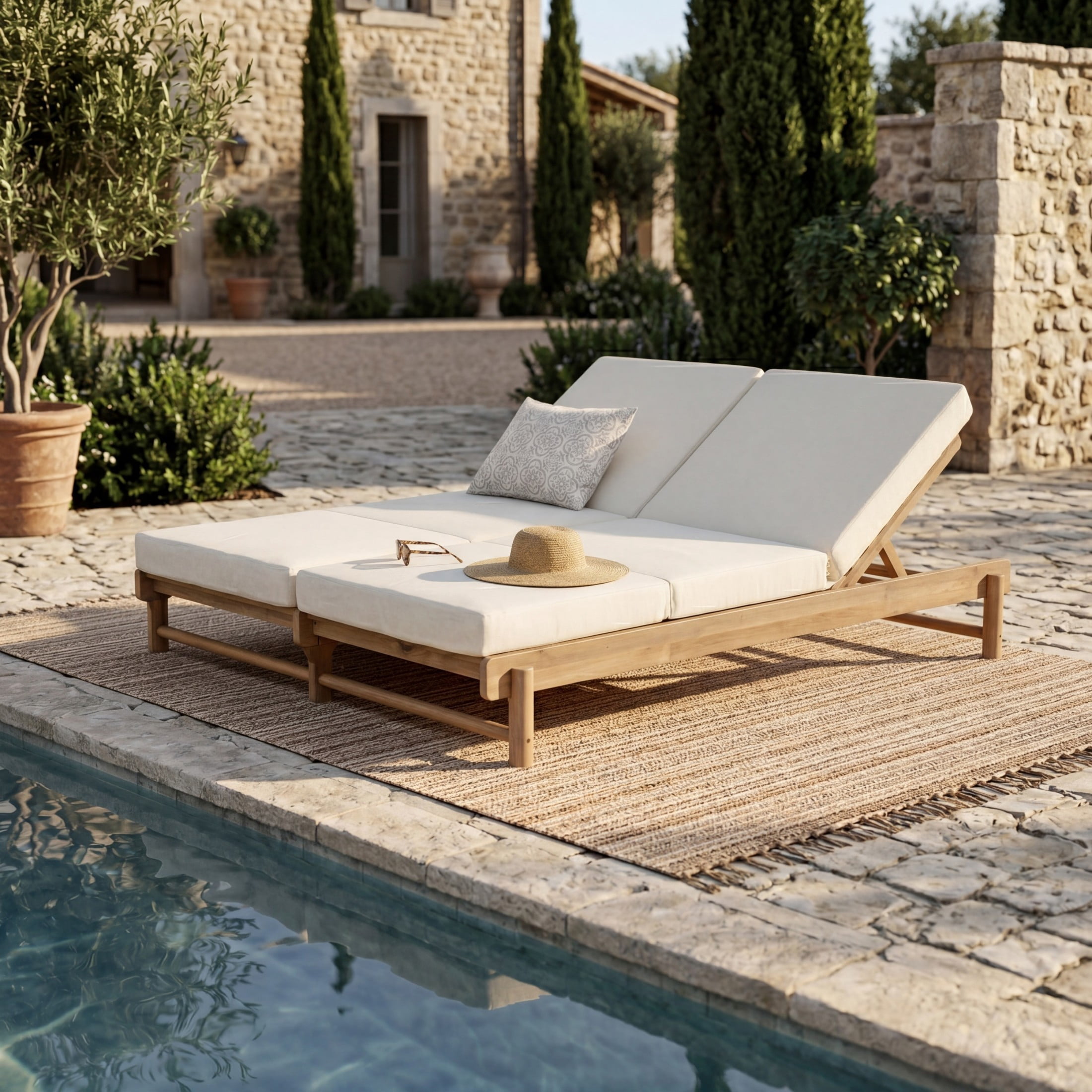 Christopher Knight Home Outdoor Adjustable Double Chaise Lounge with 3-Fold Cushions, Light Teak + Cream