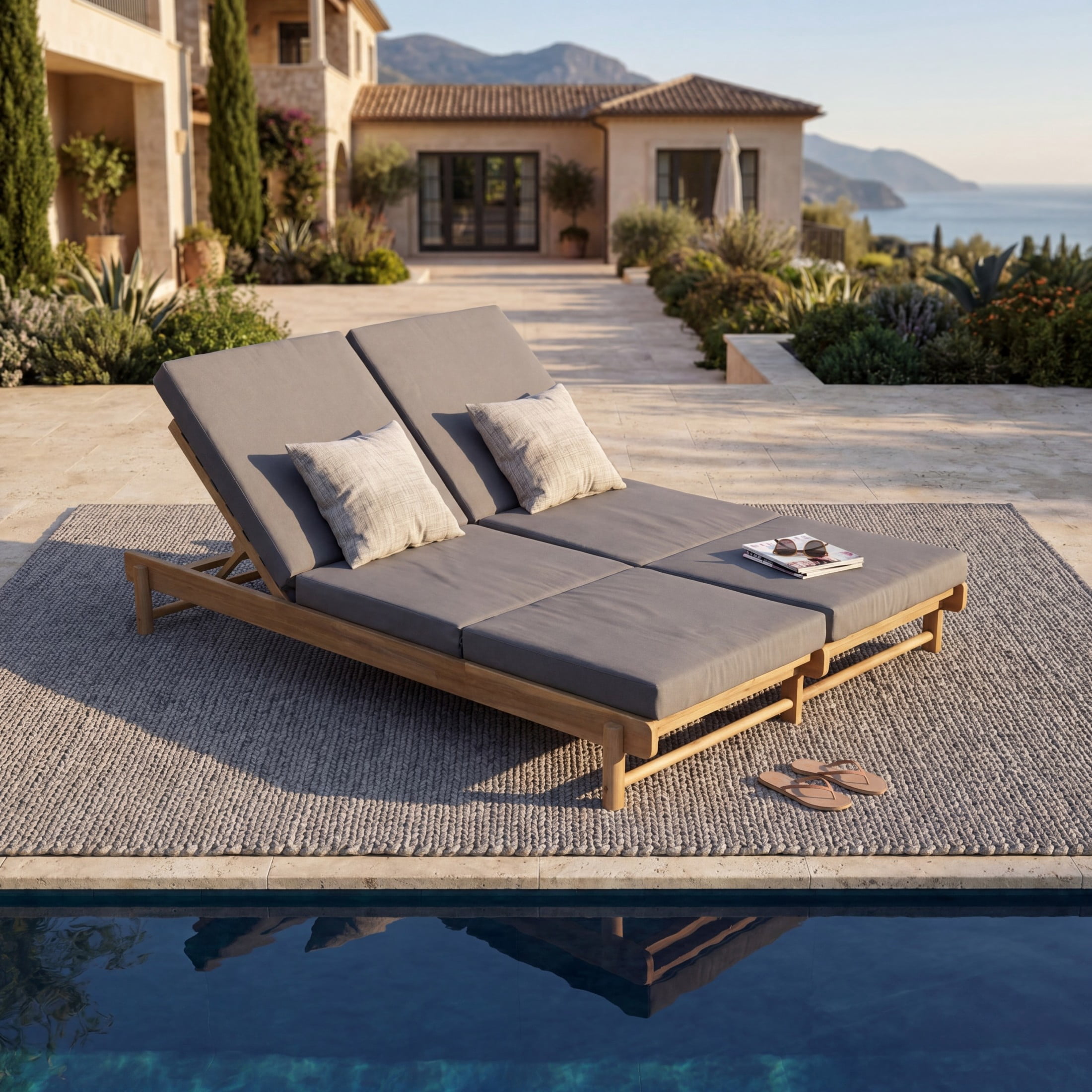 Christopher Knight Home Outdoor Adjustable Double Chaise Lounge with 3-Fold Cushions, Light Teak + Dark Gray