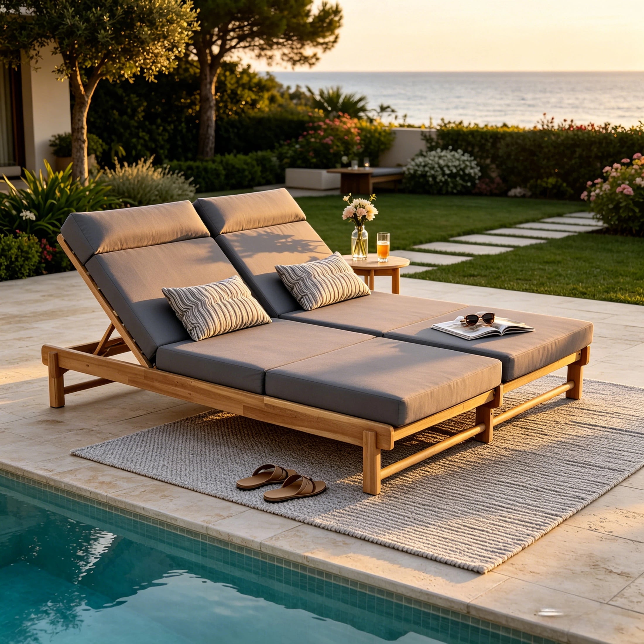 Christopher Knight Home Outdoor Adjustable Double Chaise Lounge with 4-Fold Cushions, Light Teak + Dark Gray