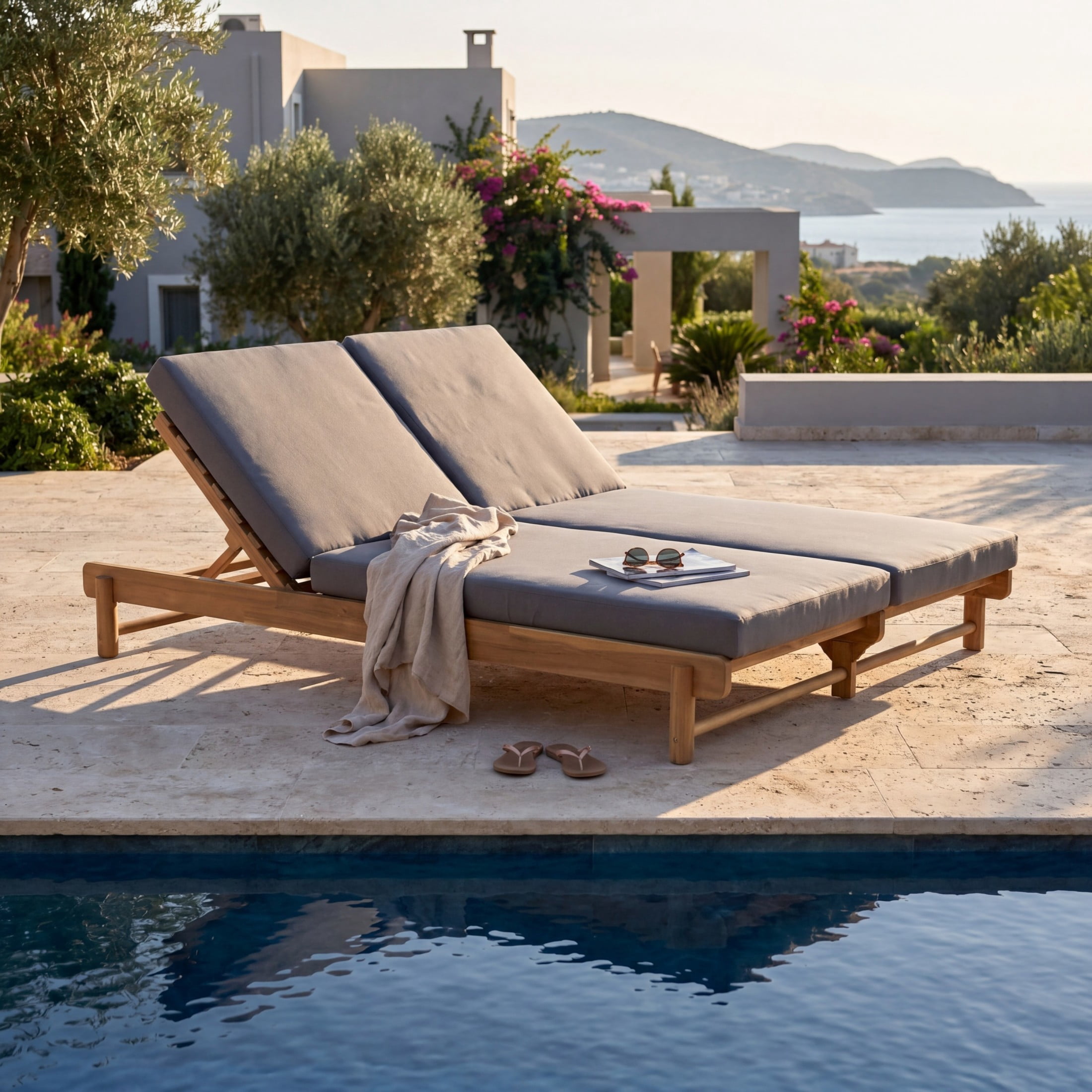 Christopher Knight Home Outdoor Adjustable Double Chaise Lounge with Cushions, Light Teak + Dark Gray