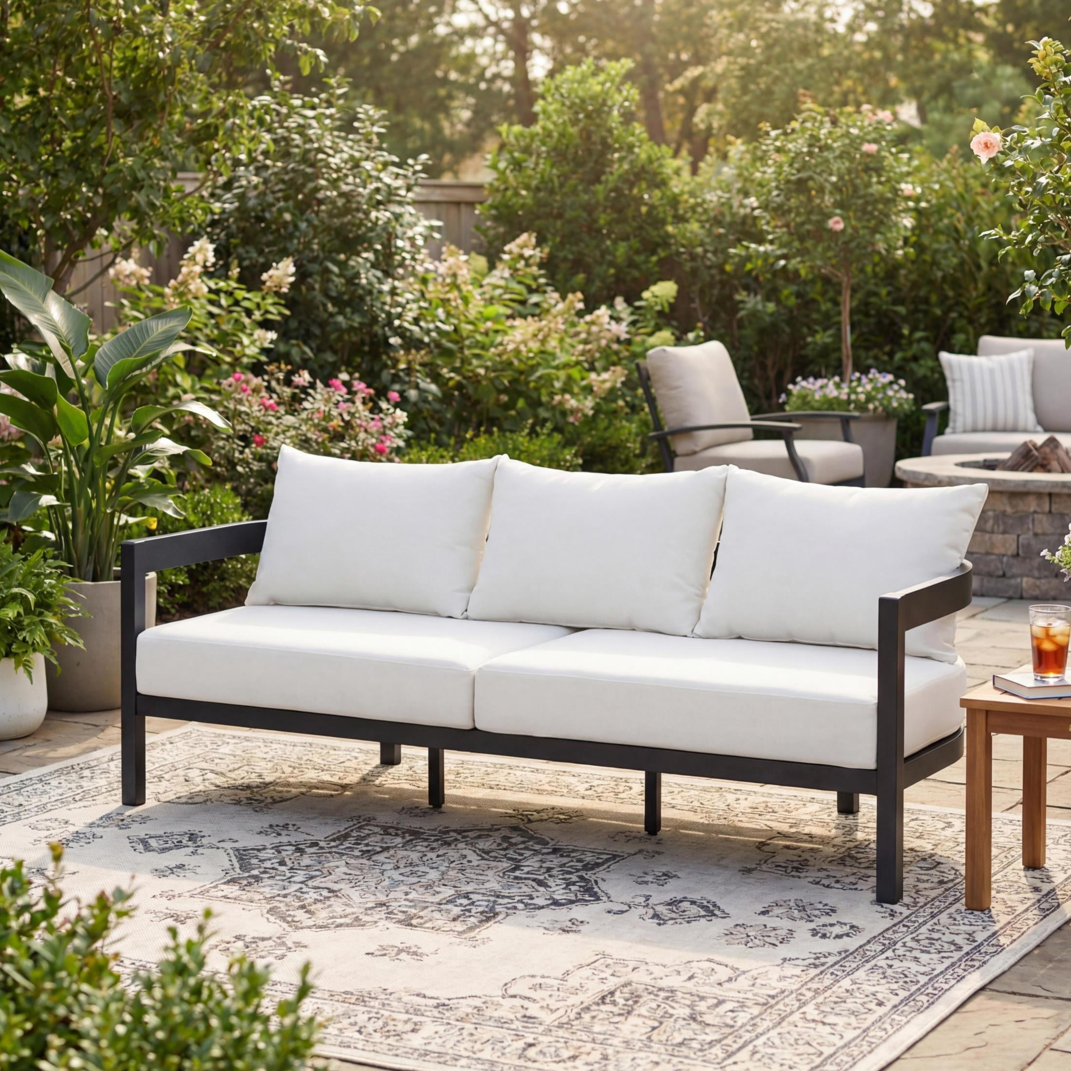 Christopher Knight Home Outdoor Aluminum 3-Seater Patio Sofa with Cushions, Black + White