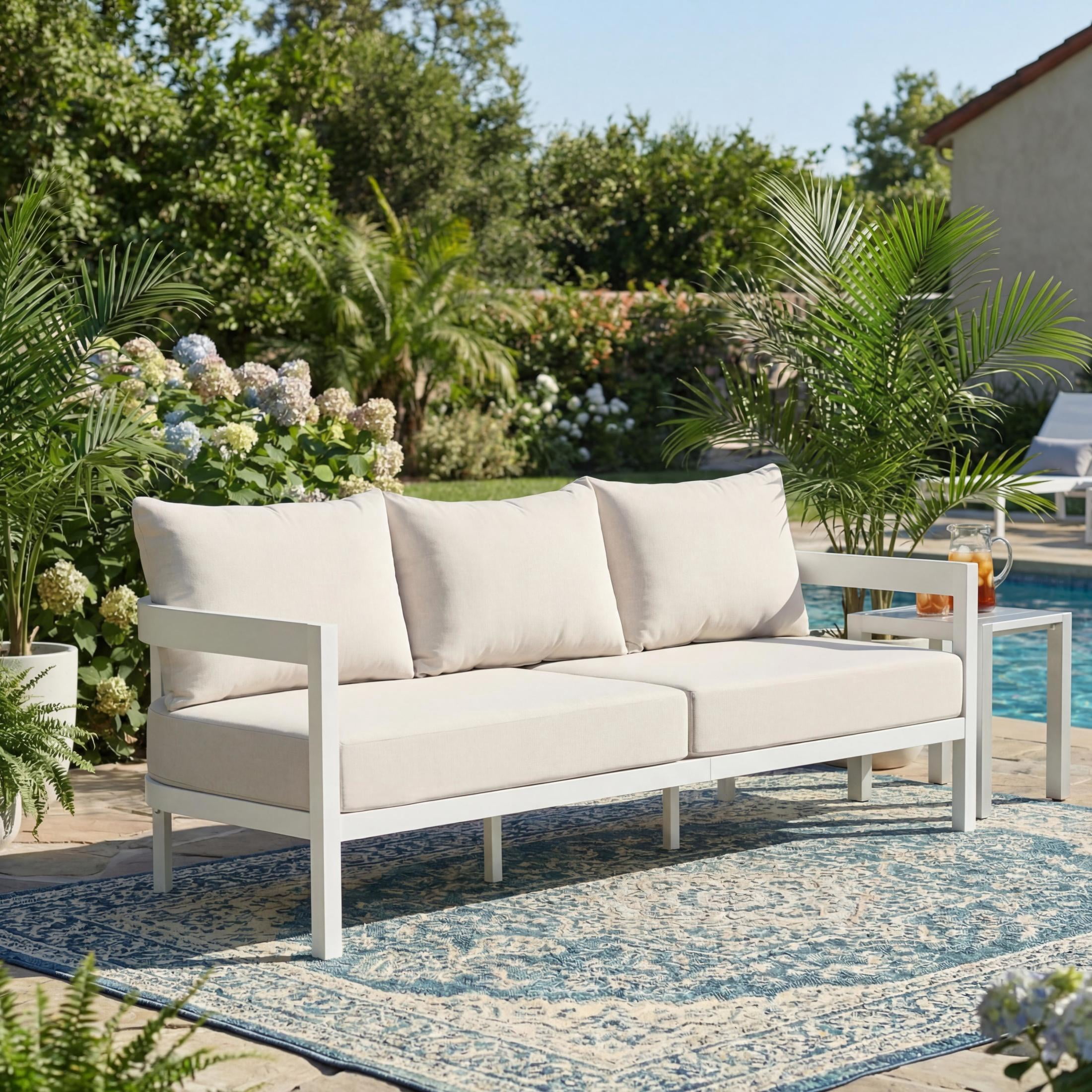 Christopher Knight Home Outdoor Aluminum 3-Seater Patio Sofa with Cushions, White + Beige