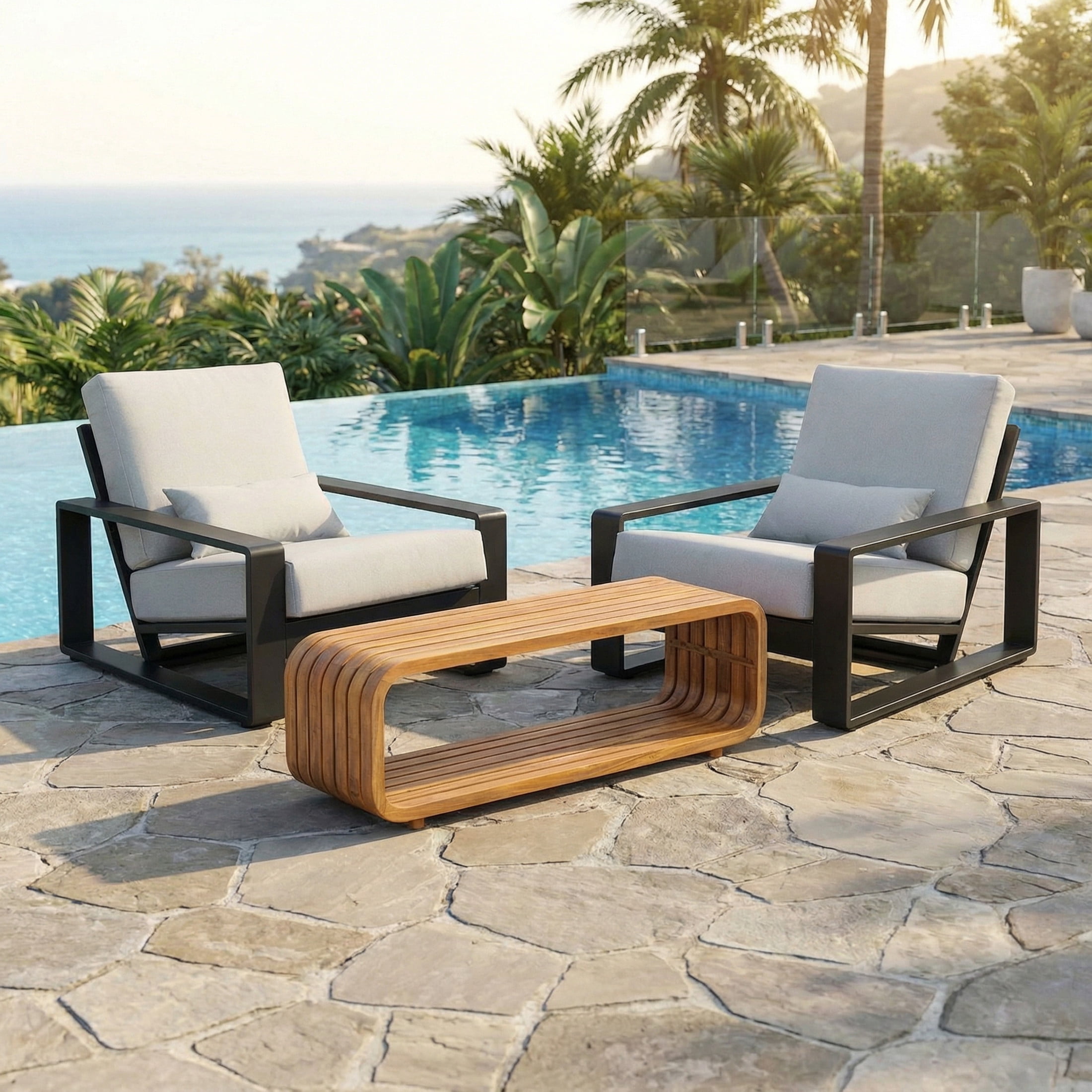 Christopher Knight Home Outdoor Aluminum Chat Set with Lounge Chairs and Teak Coffee Table