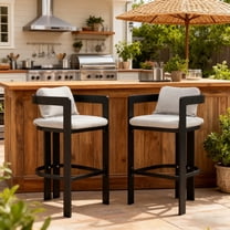 Christopher Knight Home Outdoor Aluminum Counter Stools, Bar Chairs with Gray Cushions, Black Frame, Set of 2